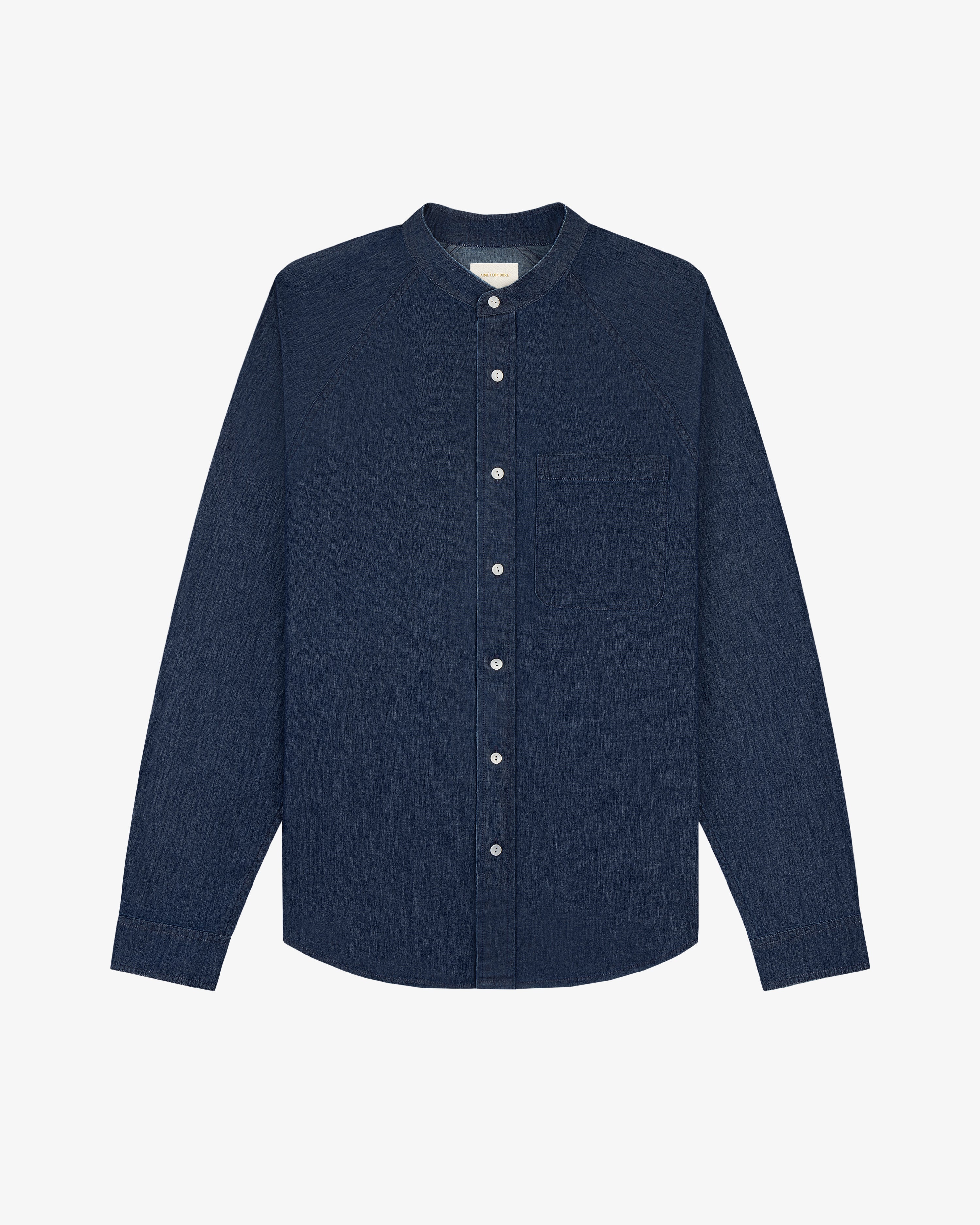 Denim Collarband Shirt in dark blue, long-sleeve, button-up with chest pocket, displayed flat on white background.