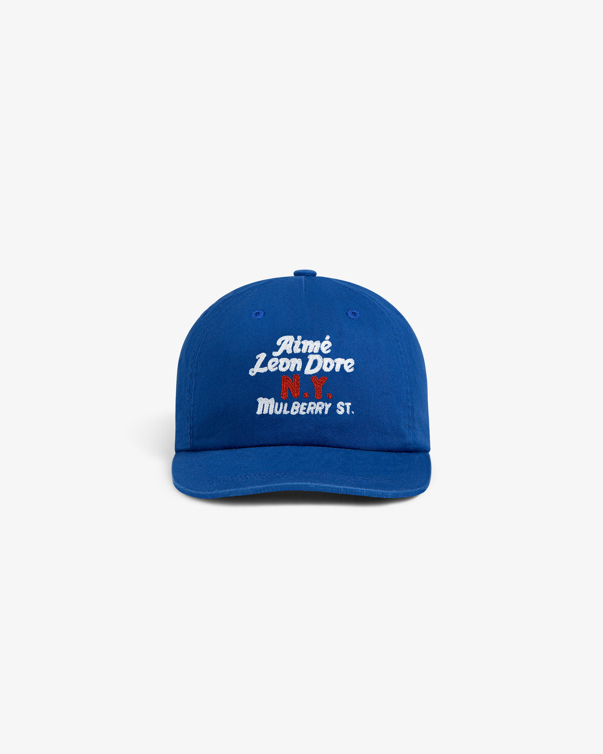 Mulberry Chainstitch Hat in blue with Aimé Leon Dore N.Y. Mulberry St. chainstitched in white, red, and blue on front.