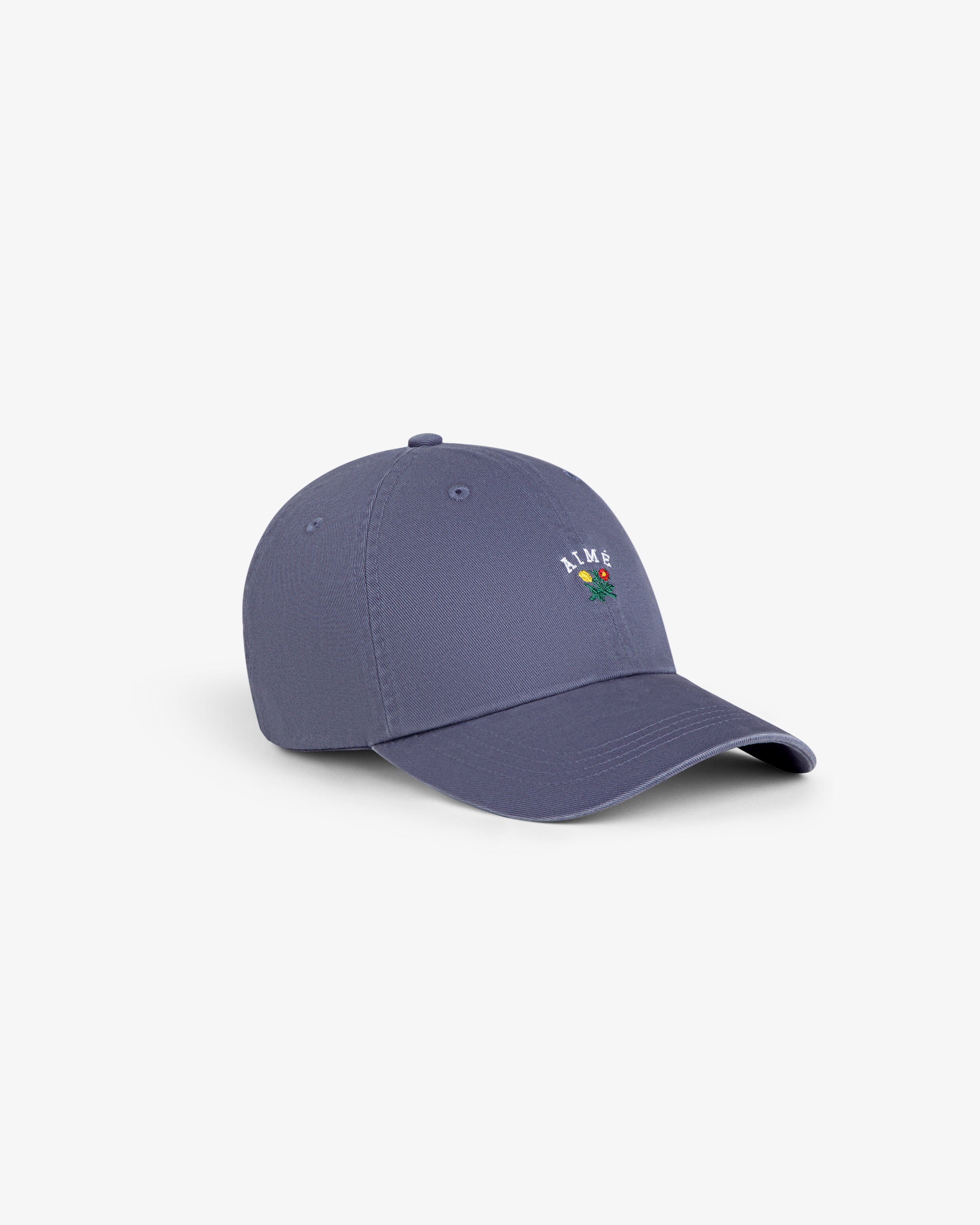 A blue Crest Logo Hat with small colorful flower embroidery and “ALIVE” on the front, shown on a white background.