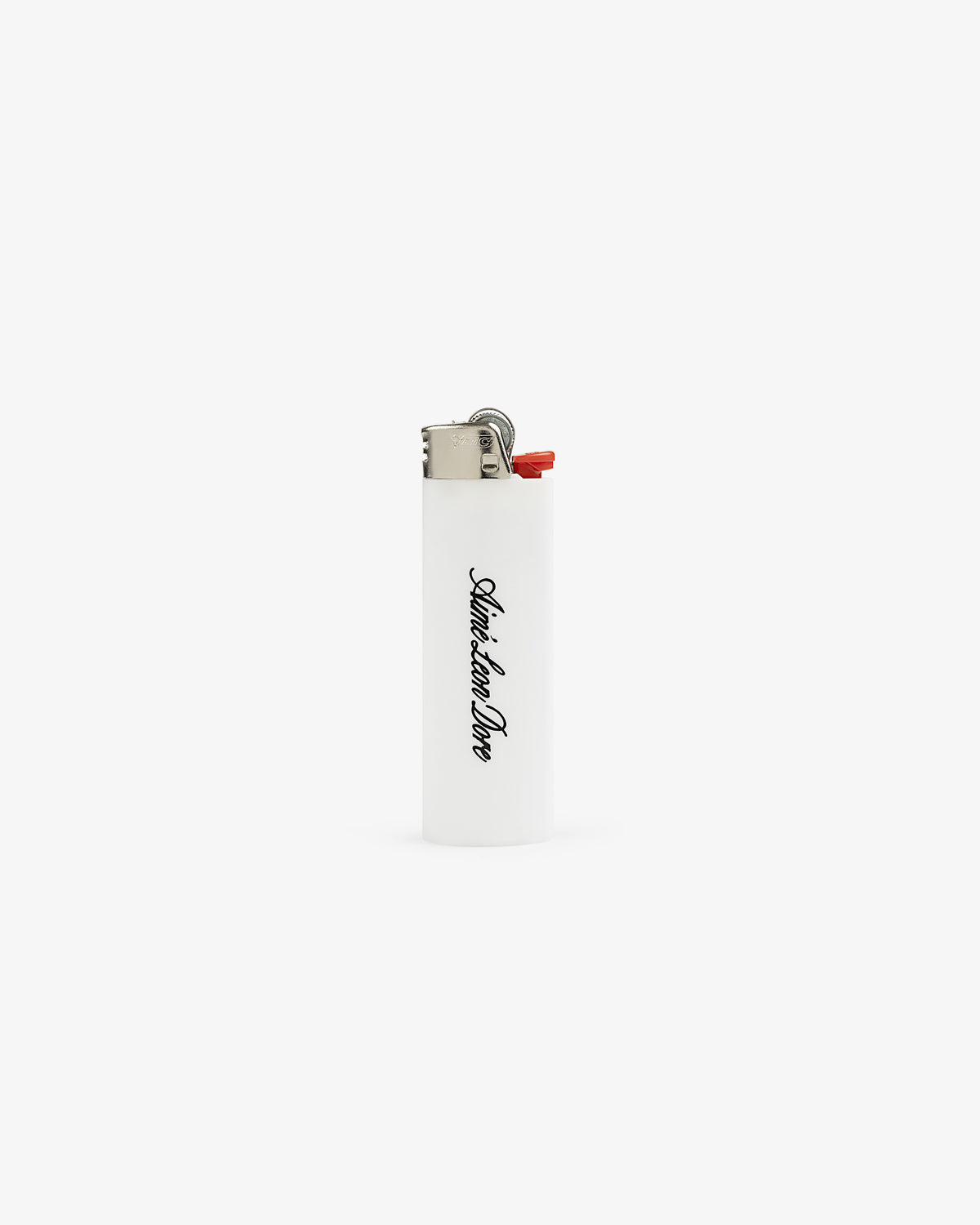 White Caricature Lighter with metal top and “Saturdays New York City” in black vertical script.