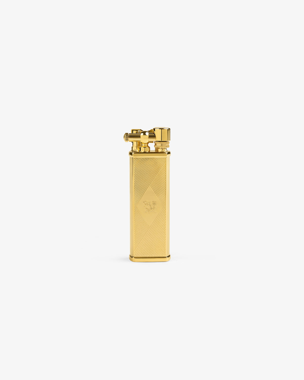 The Queens Crest Engraved Lighter, gold with a textured finish, stands upright on a plain white background.