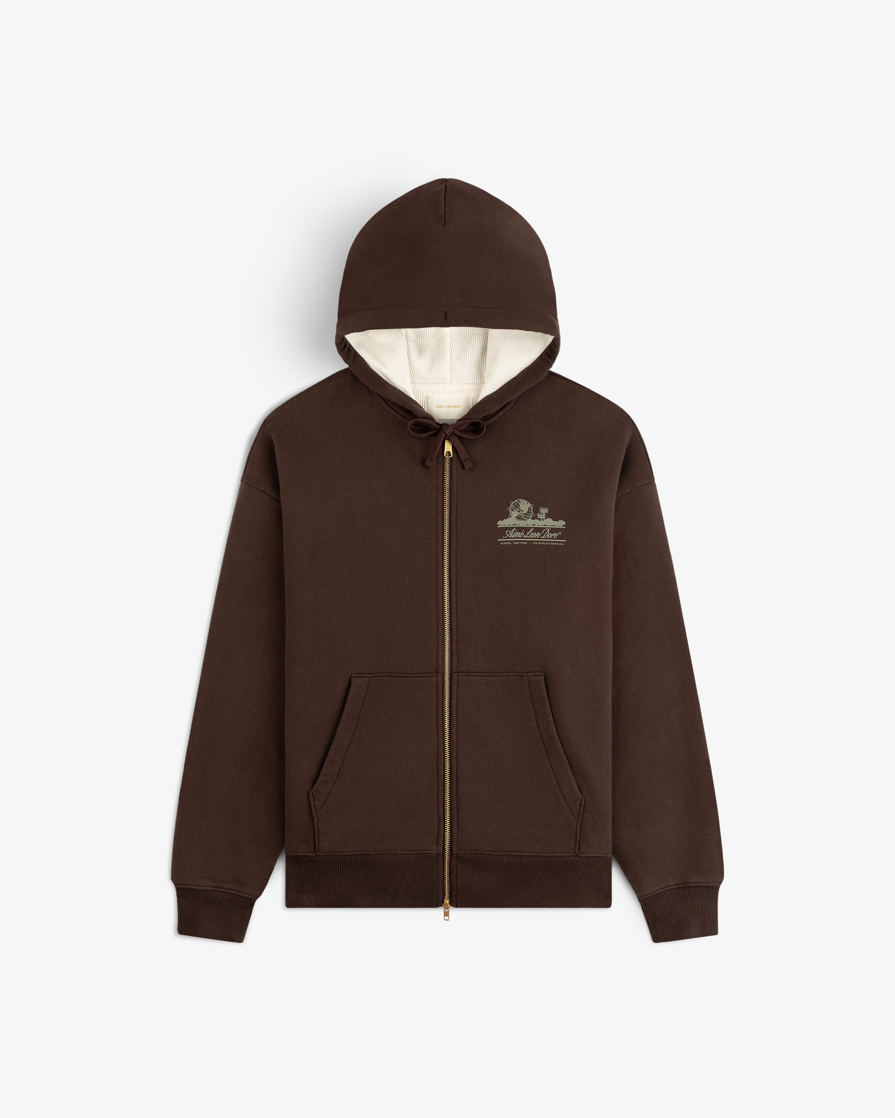 Unisphere Waffle Lined Full-Zip Hoodie in brown with cream lining and chest embroidery, displayed flat on white.