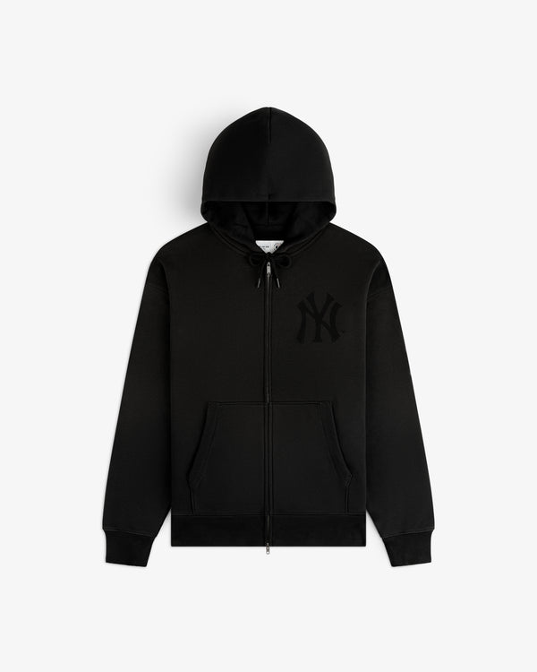 Yankees Washed Full-Zip Hoodie in black with front pocket, subtle NY logo on chest, shown on white background.