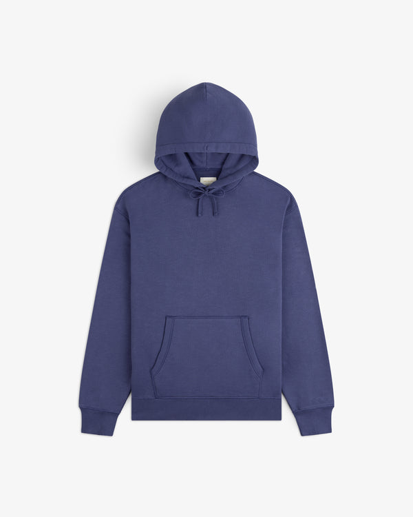 Stone Washed Marina Hoodie in blue with front pocket and drawstrings, shown flat on a white background.