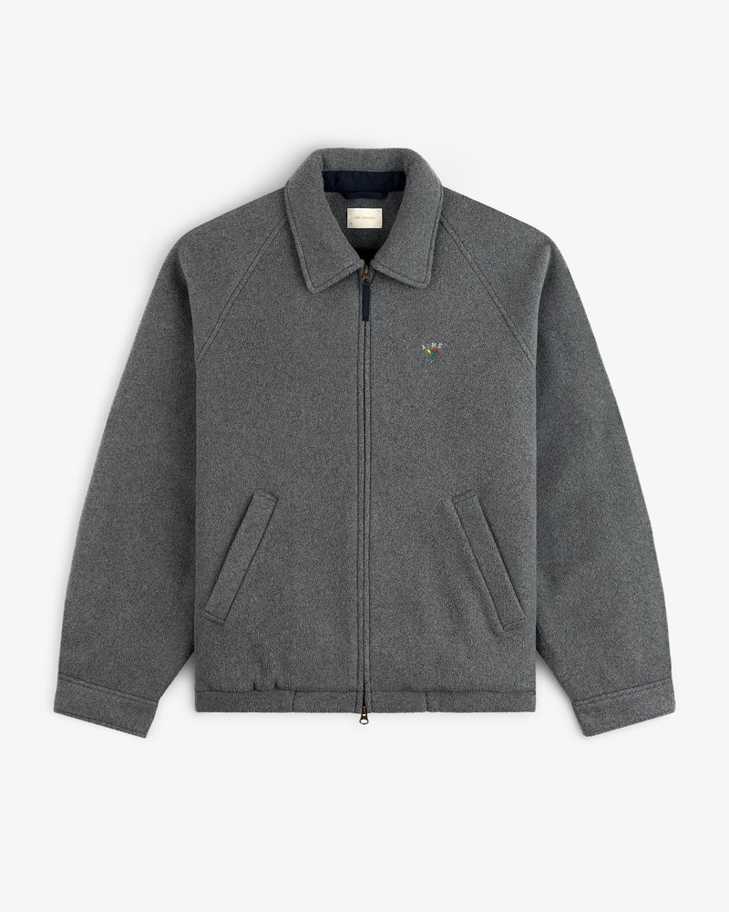 Crest Fleece Casual Jacket: gray zip-up with collar, two front pockets, and left chest embroidered logo.