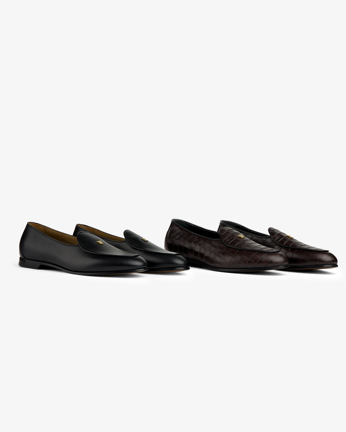 Two Crest Salóni loafers: one black leather, one dark brown woven, displayed on a white background.