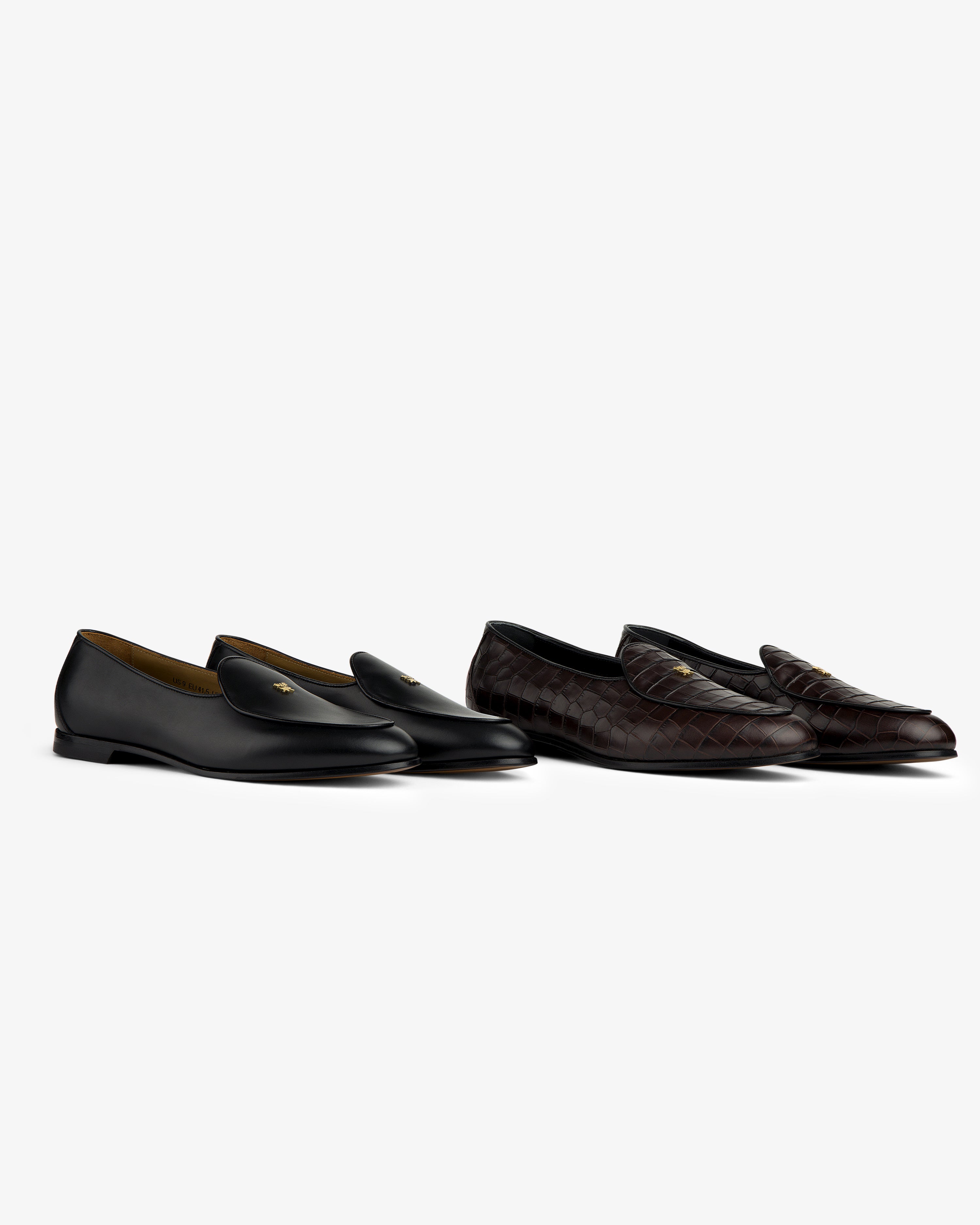 Two Crest Salóni loafers: one black leather, one dark brown woven, displayed on a white background.