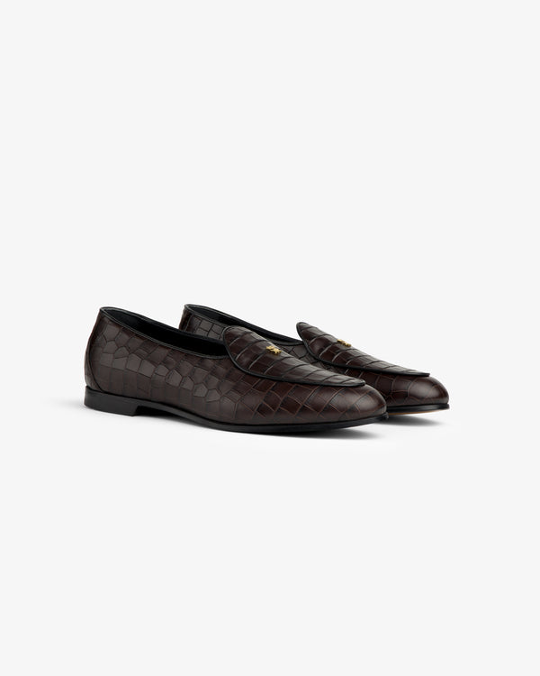 Croc-Embossed Crest Salóni Loafer in dark brown leather with gold accents, displayed on a light gray background.