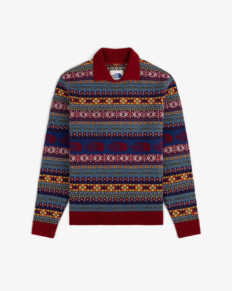 ALD / The North Face Fair Isle Knit Polo: Long-sleeve knit with red trim and colorful geometric and animal patterns.