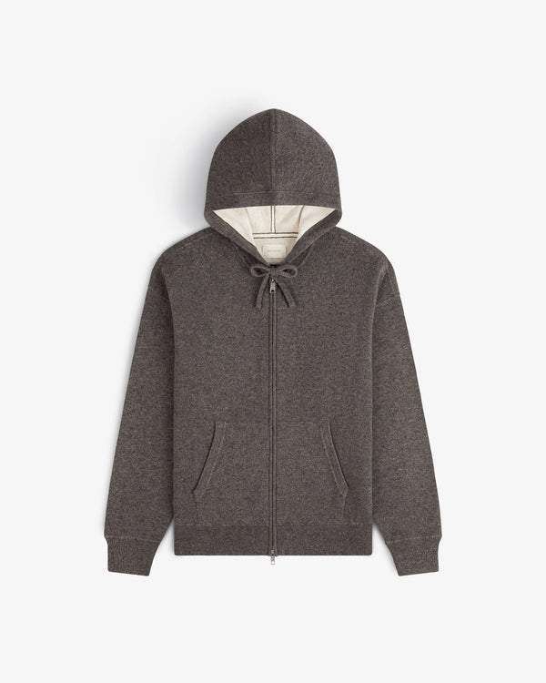 Full-Zip Pavilion Cashmere Hoodie in gray with front pockets and a drawstring hood, displayed on a white background.