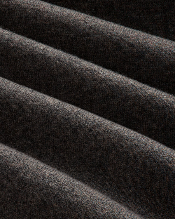 Close-up of the Full-Zip Pavilion Cashmere Hoodie in dark brown, showing its soft texture and even horizontal folds.