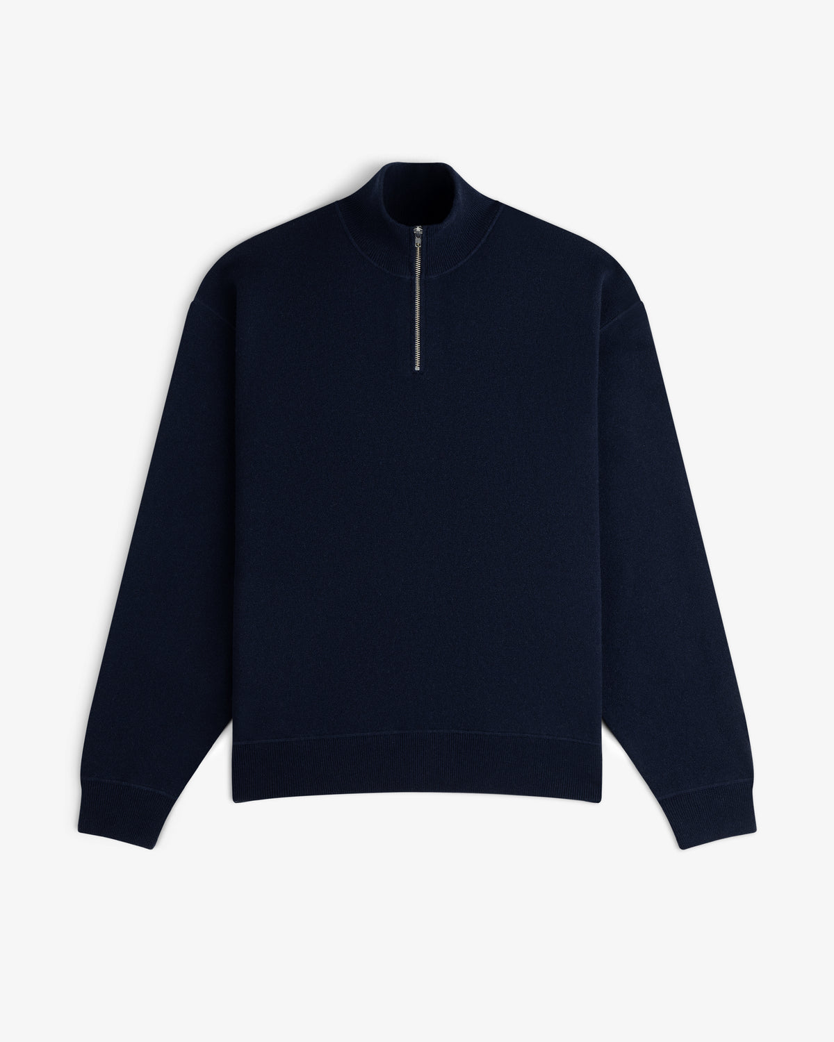 Quarter Zip Pavilion Cashmere Pullover in navy, long-sleeve with stand-up collar, shown flat on a white background.