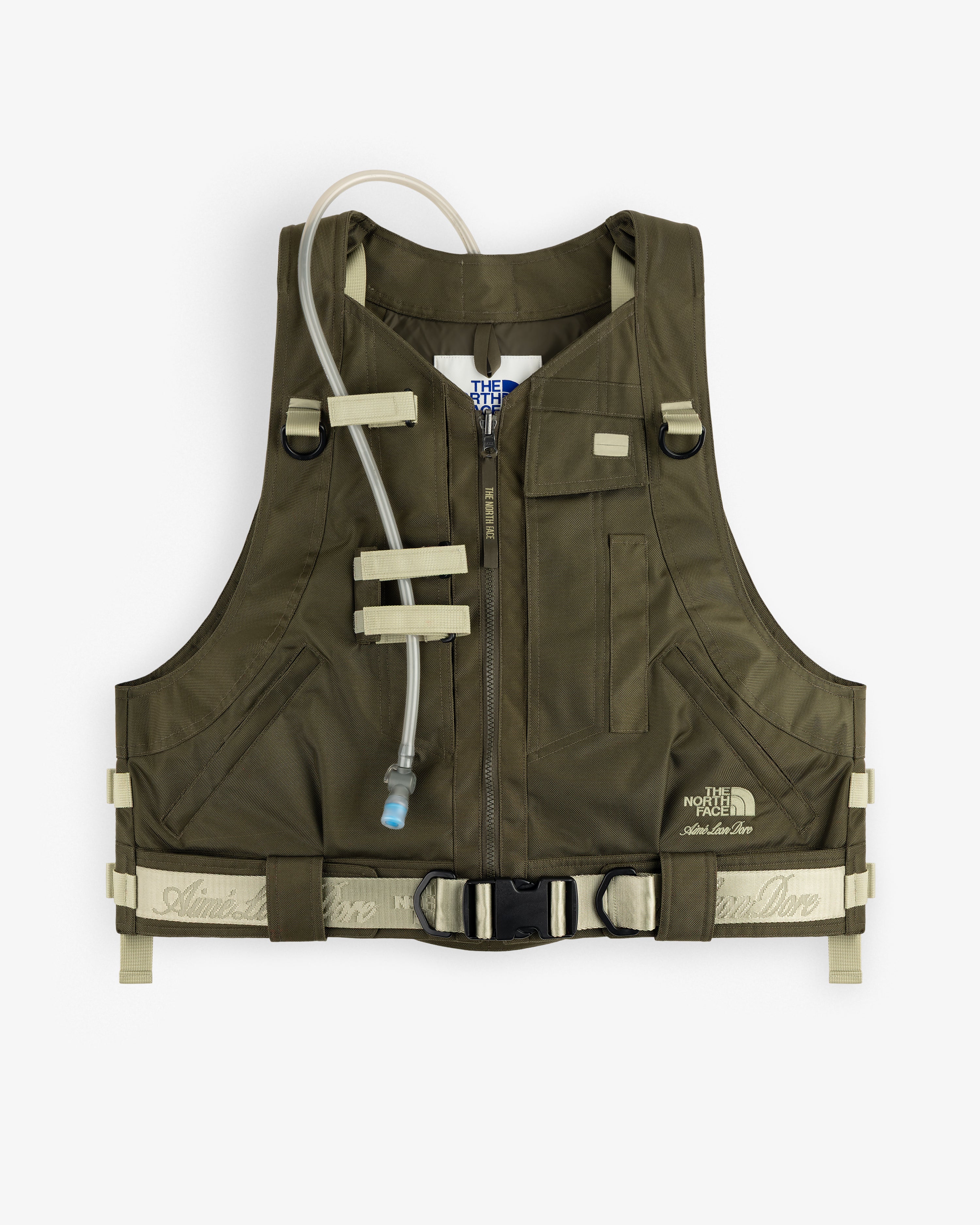 Olive ALD / The North Face Ballistic Tech Vest with zipper, tube, adjustable straps, and dual logo branding.