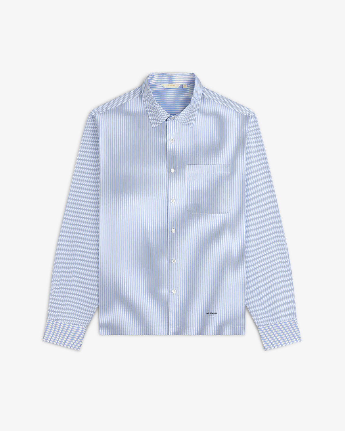 Light blue and white striped Poplin Casual Shirt with collar, long sleeves, shown on a white background.
