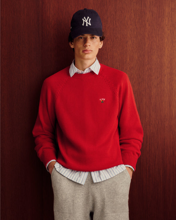 Young man in Crest Raglan Sweater, striped shirt, gray pants, and NY Yankees cap stands by a wood-paneled wall.