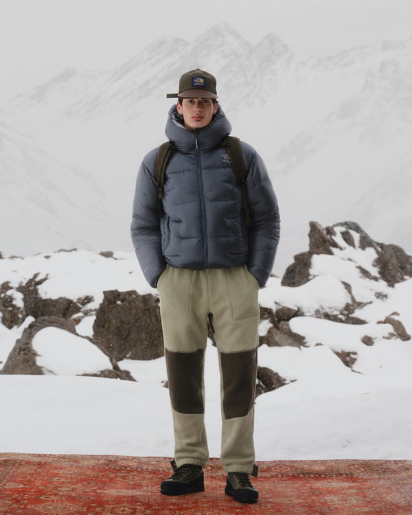 A person wearing ALD / The North Face Denali Fleece Pant stands outdoors with snowy mountains and rocks behind them.