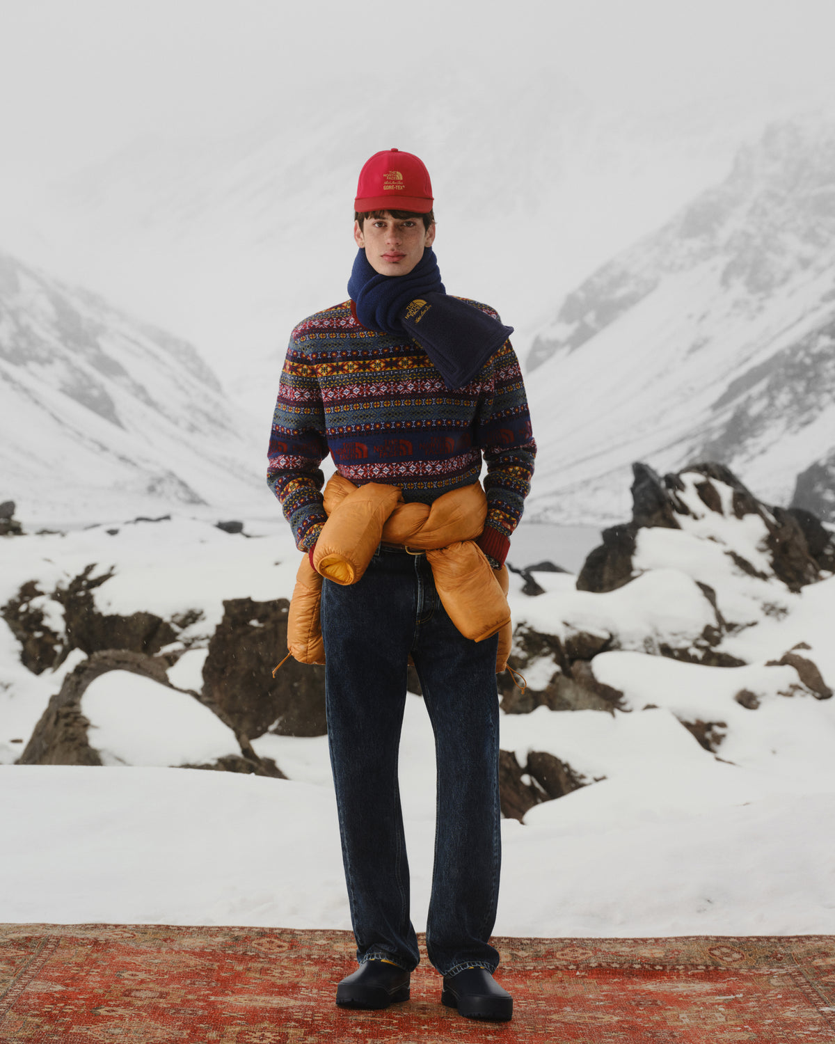 Wearing the ALD / The North Face GORE-TEX Hat and winter gear, a person stands on a rug in snowy mountains.