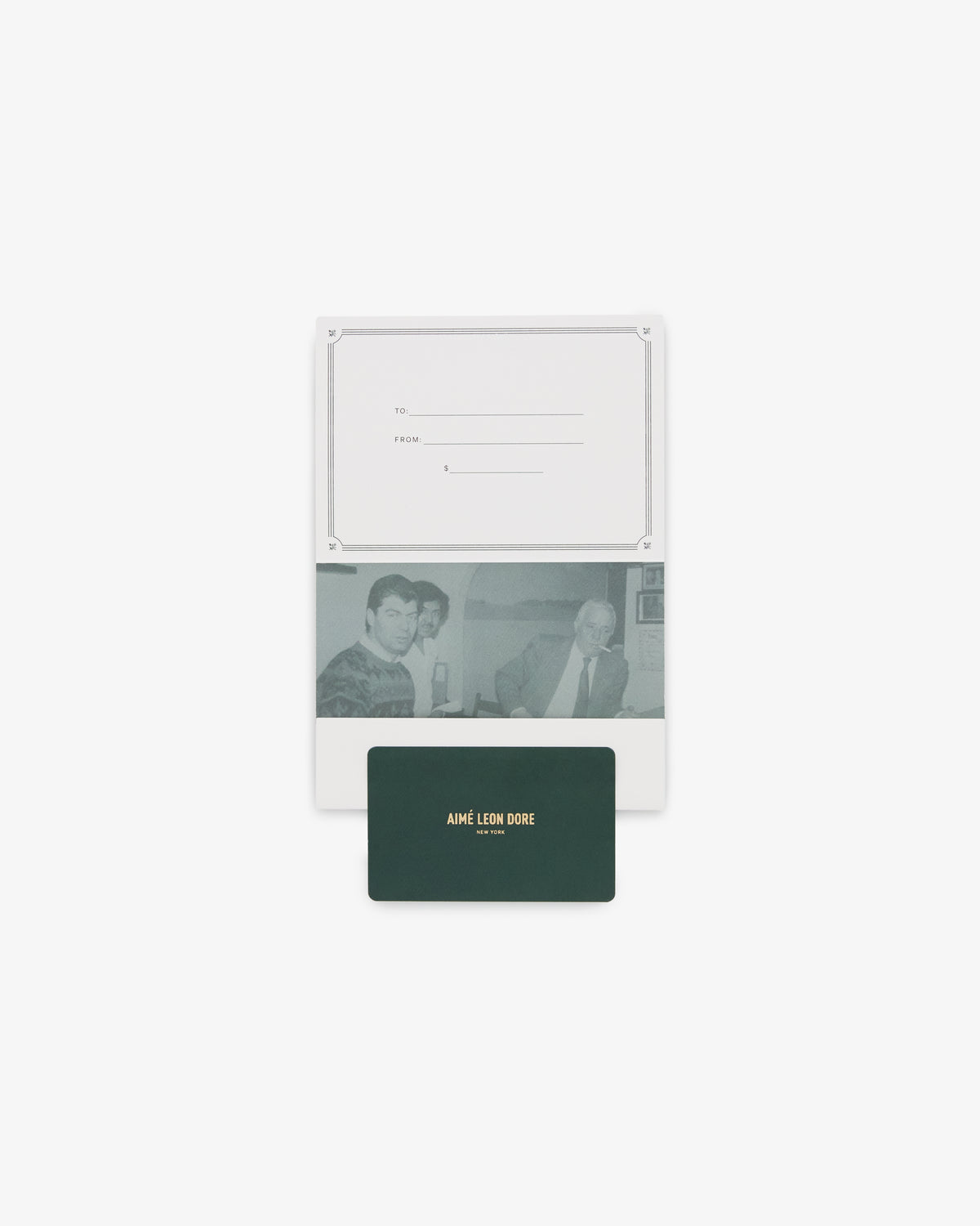 Aimé Leon Dore Gift Card features gold lettering, a photo of two people, and a blank To/From message area.