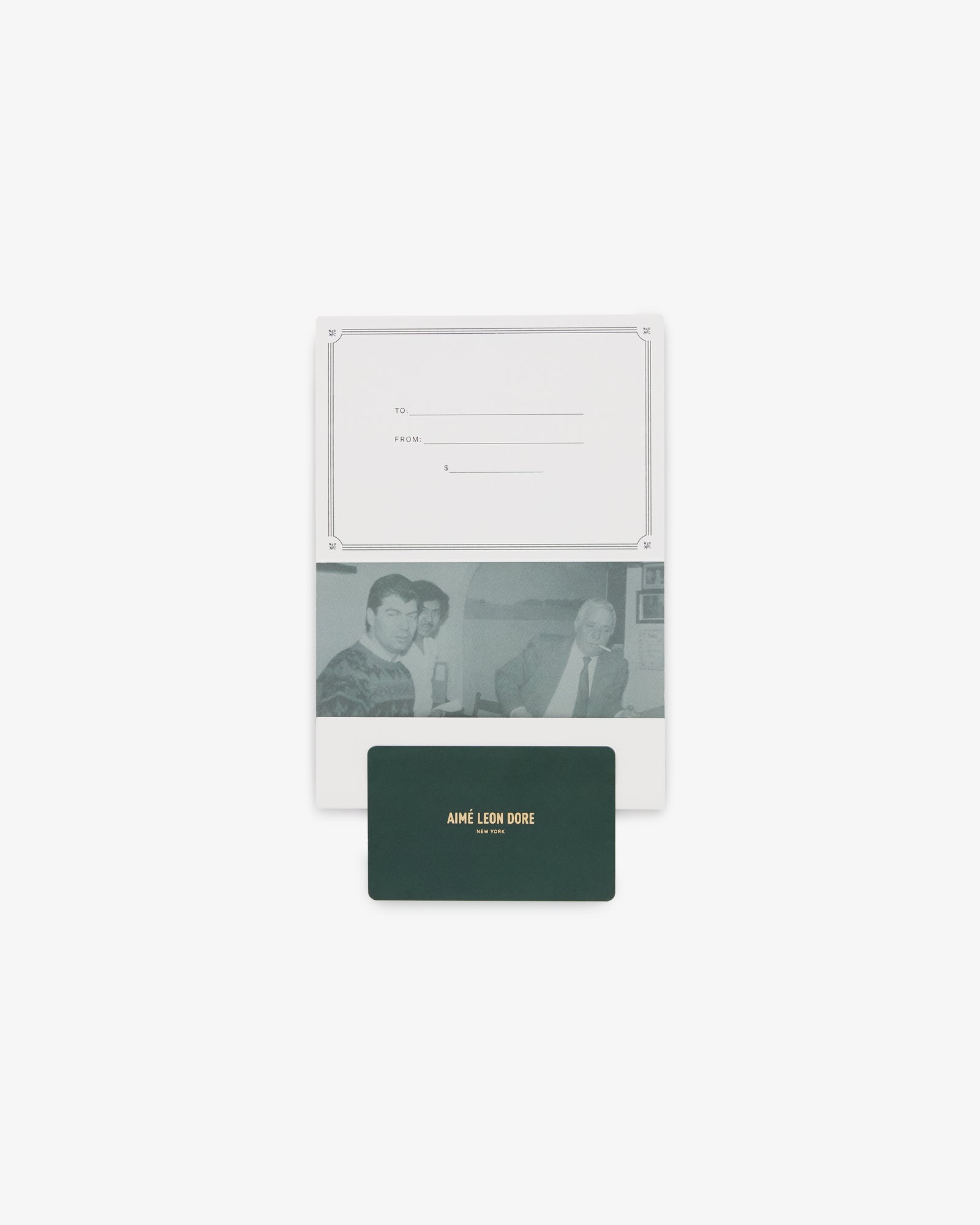 Aimé Leon Dore Gift Card features gold lettering, a photo of two people, and a blank To/From message area.