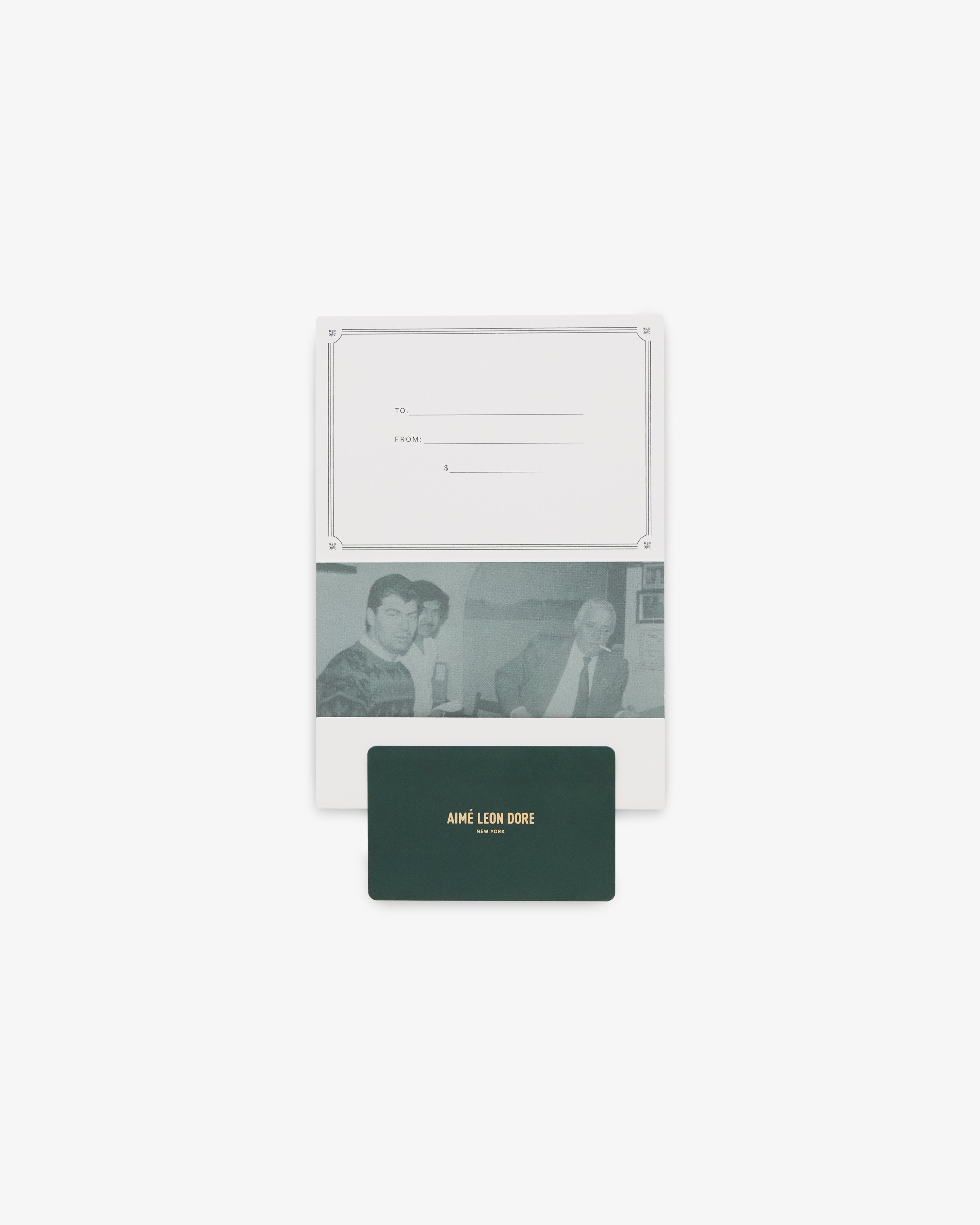 Aimé Leon Dore Gift Card features gold lettering, a photo of two people, and a blank To/From message area.