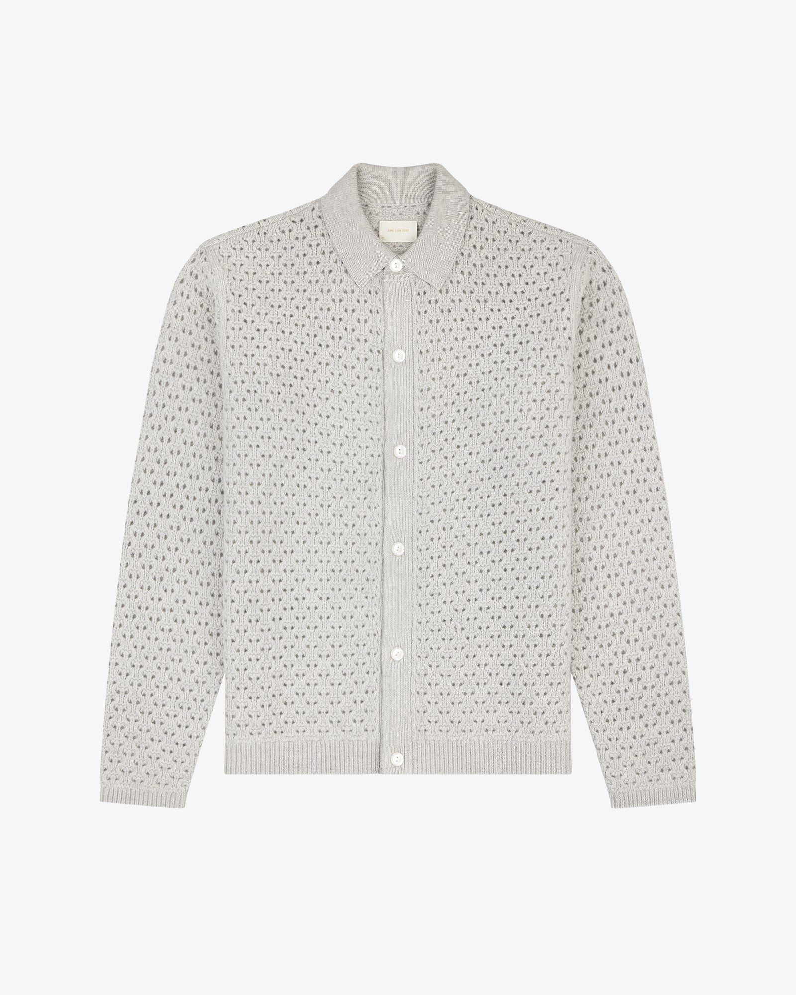 Light gray Knit Polo Cardigan with collar and front buttons, long sleeves, shown on a white background.