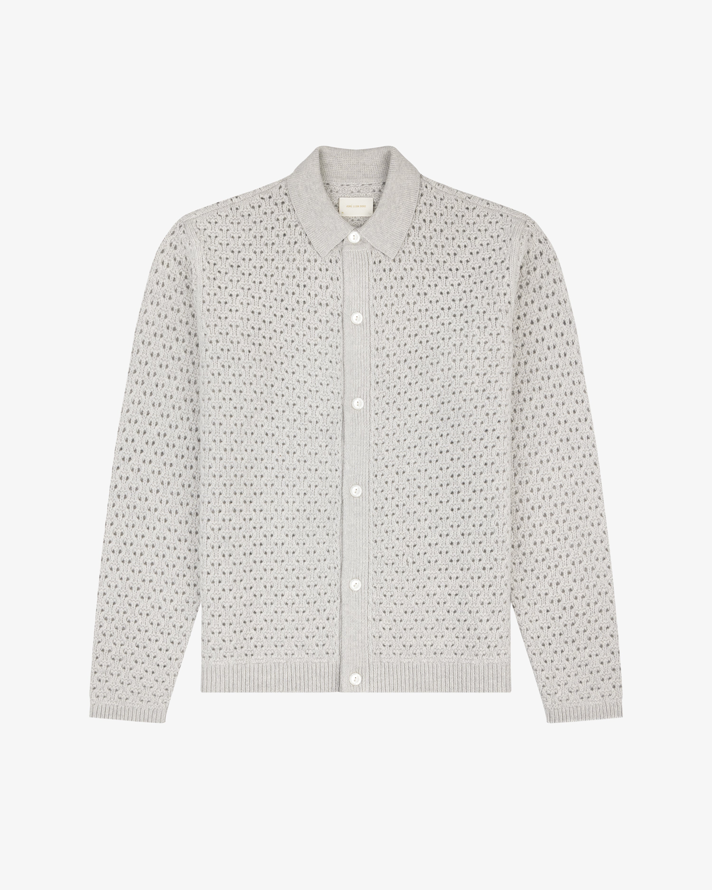 Light gray Knit Polo Cardigan with collar and front buttons, long sleeves, shown on a white background.