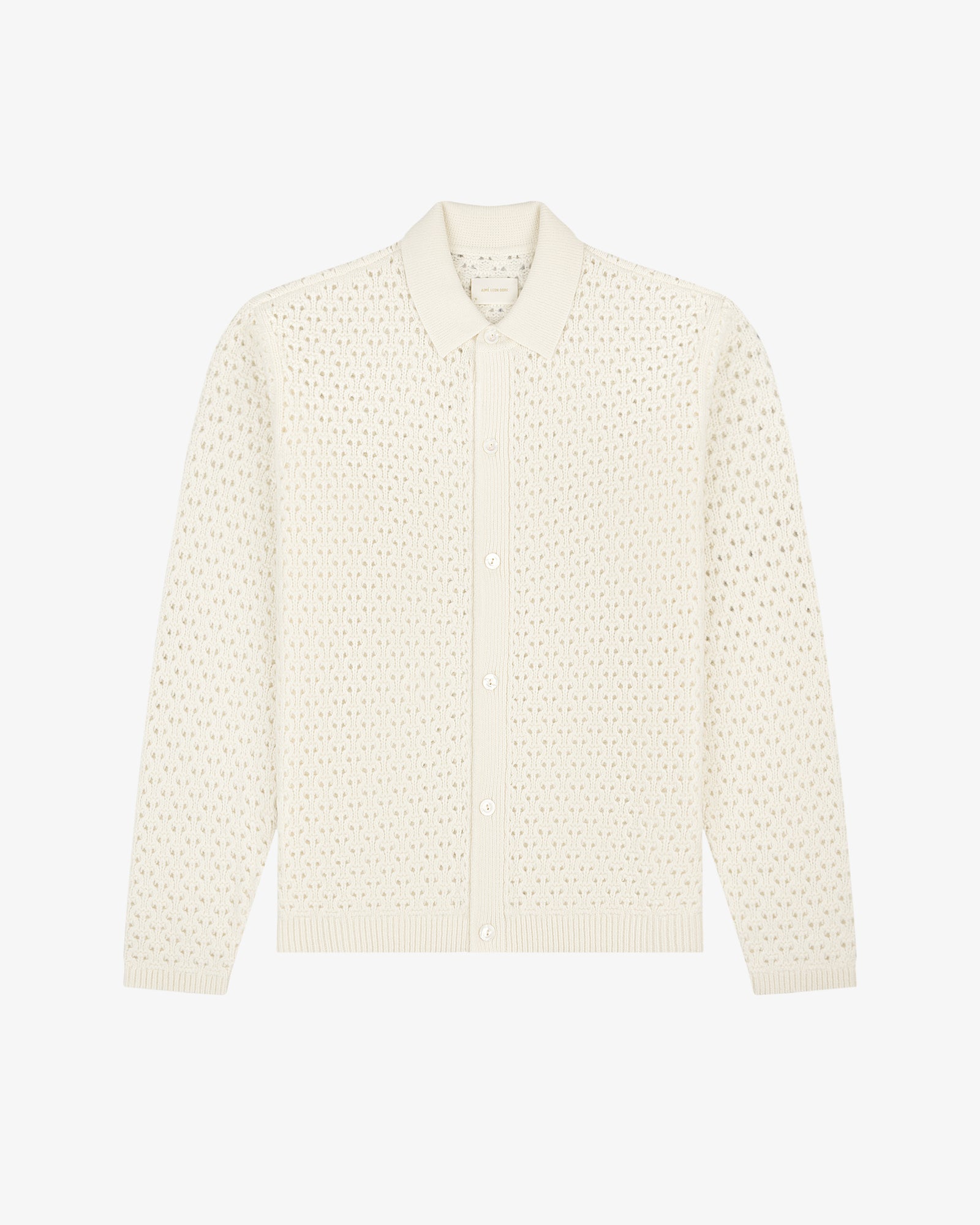 Cream knit polo cardigan with long sleeves and textured pattern, displayed flat on a white background.