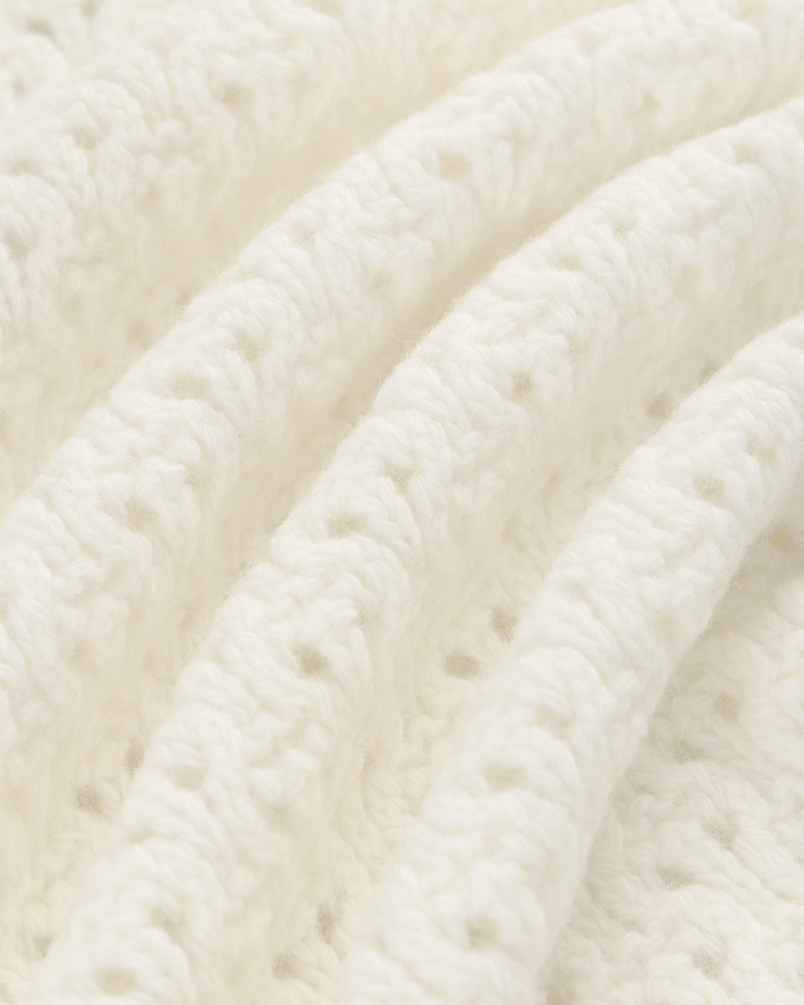 Close-up of Knit Polo Cardigan’s soft, white knit fabric with gentle folds and visible yarn texture.