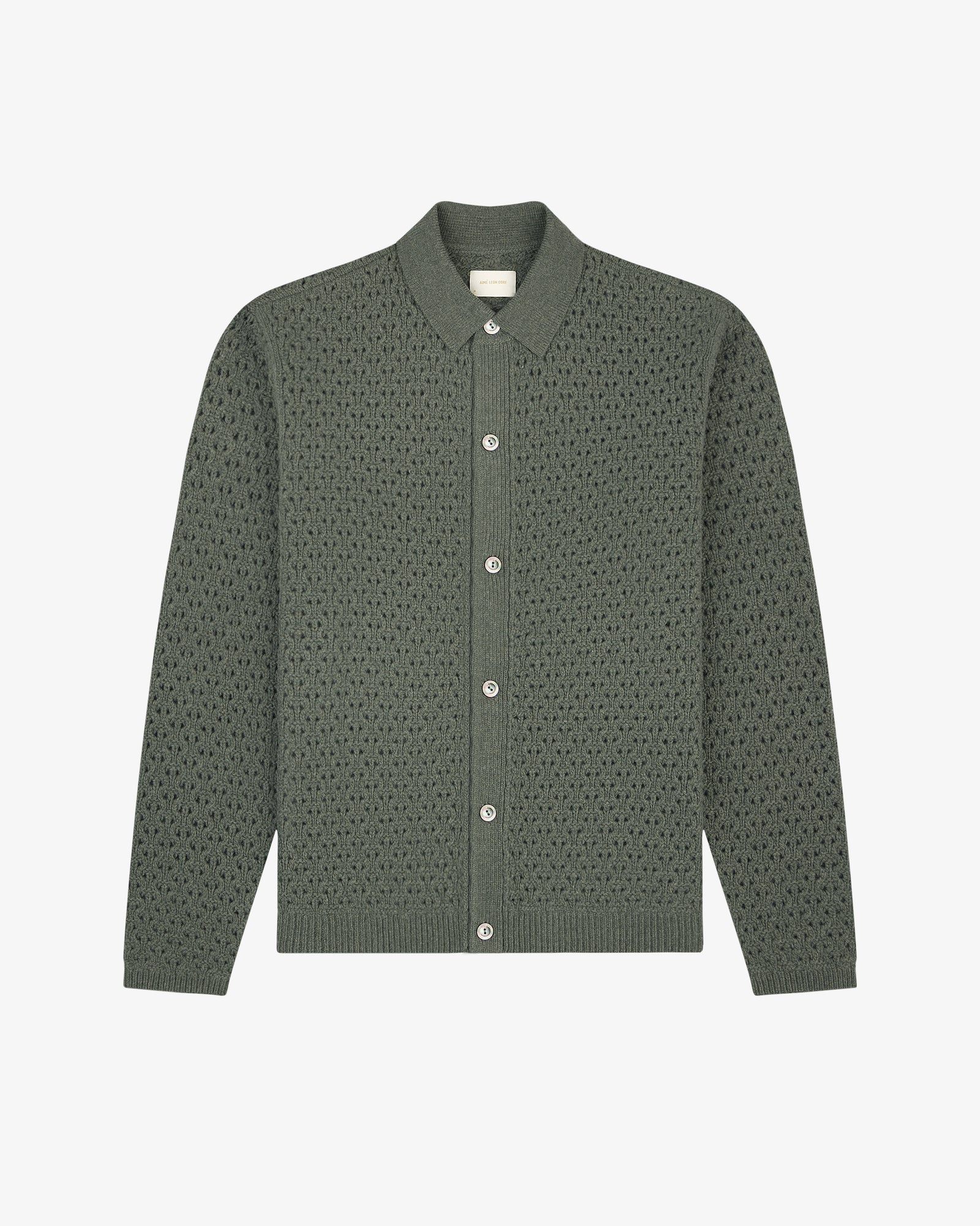 Olive green Knit Polo Cardigan with long sleeves and collar, shown buttoned up on a plain white background.
