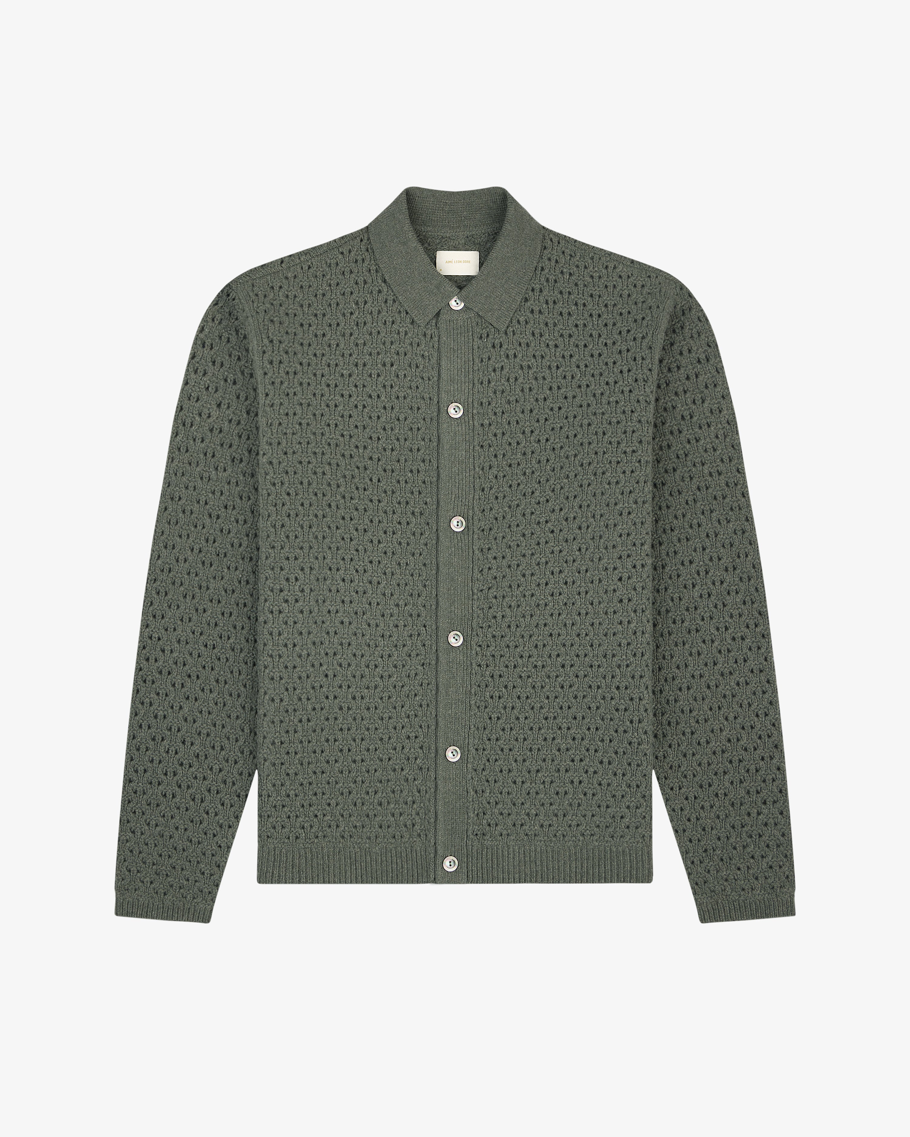 Olive green Knit Polo Cardigan with long sleeves and collar, shown buttoned up on a plain white background.