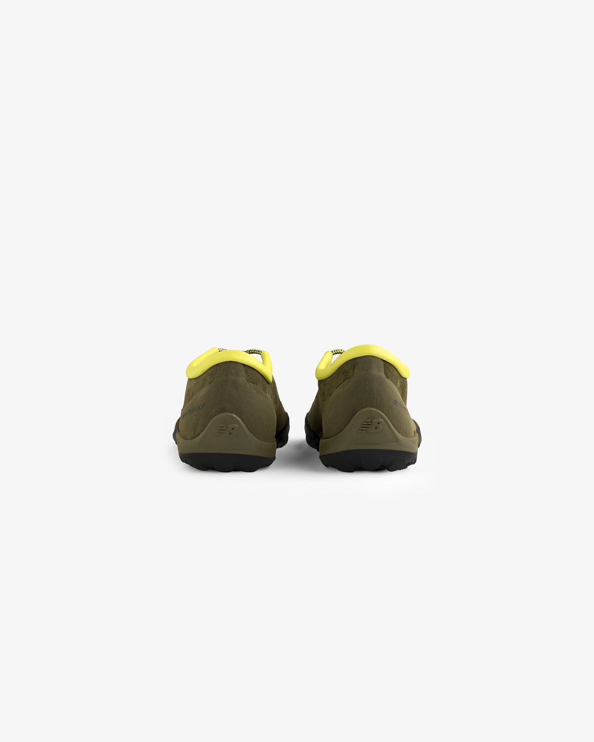 Rear view of ALD / New Balance MT10T Sport Shoe in olive green with yellow accents on a white background.