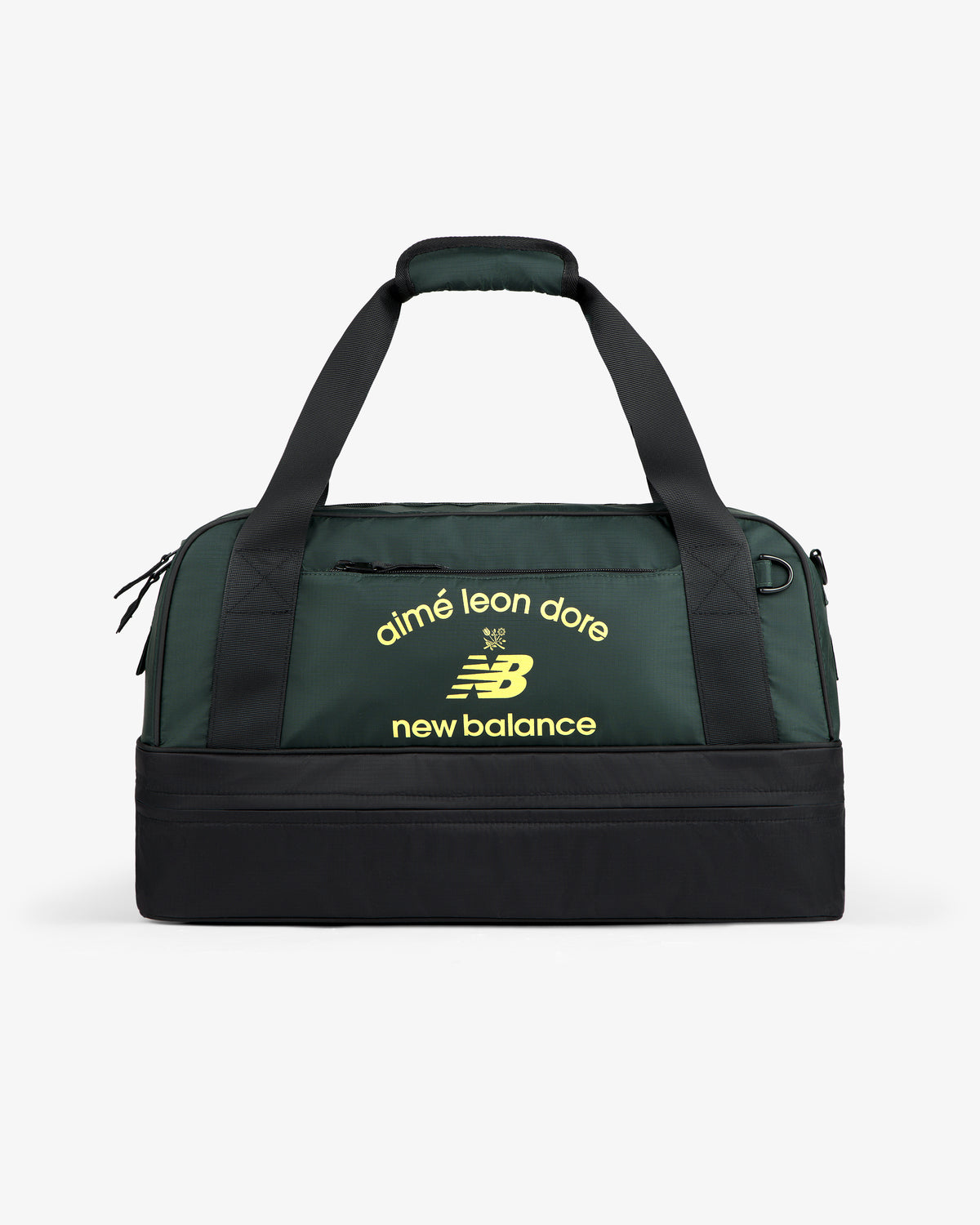 ALD / New Balance Travel Duffle Bag in dark green and black with yellow logos on the front.