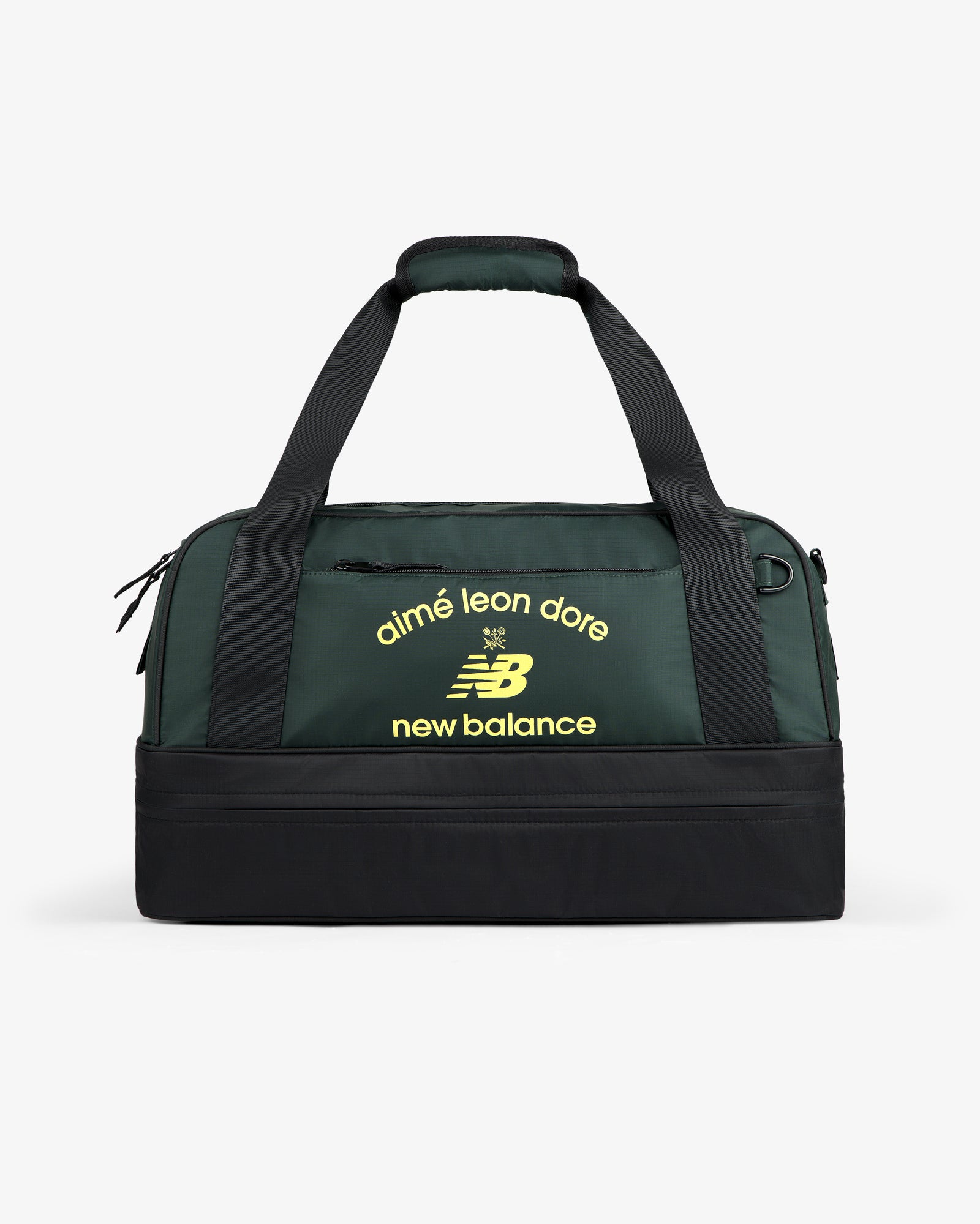ALD / New Balance Travel Duffle Bag in dark green and black with yellow logos on the front.