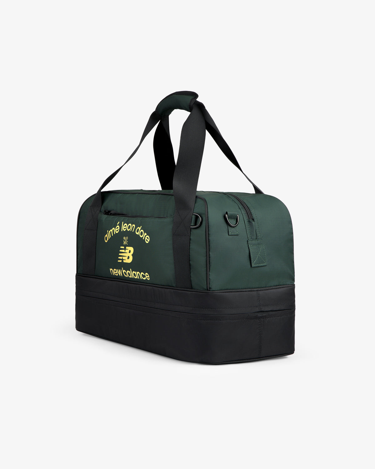 A dark green and black ALD / New Balance Travel Duffle Bag with yellow logo text on the side.