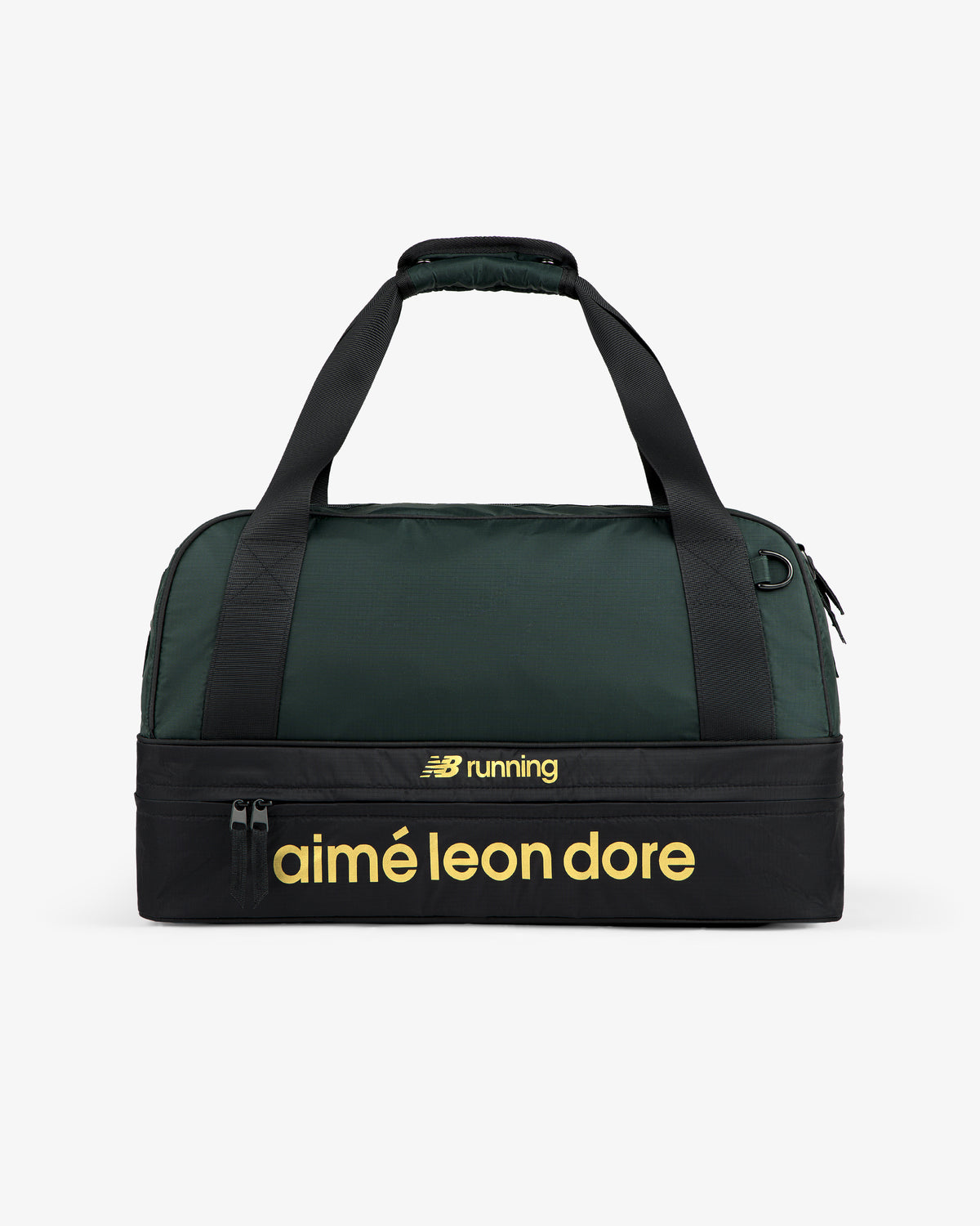 A green and black ALD / New Balance Travel Duffle Bag with yellow “aimé leon dore” and “NB running” on the front.