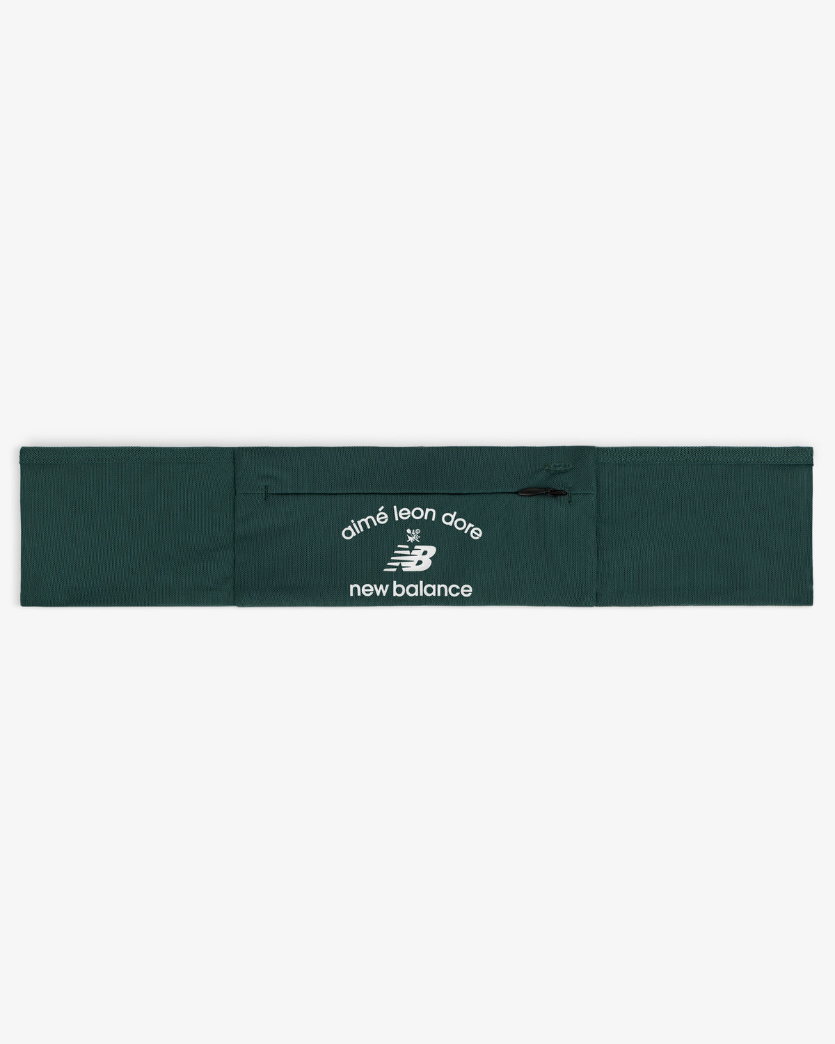 ALD / New Balance Performance Running Belt in dark green with white logos on the center zippered pocket.