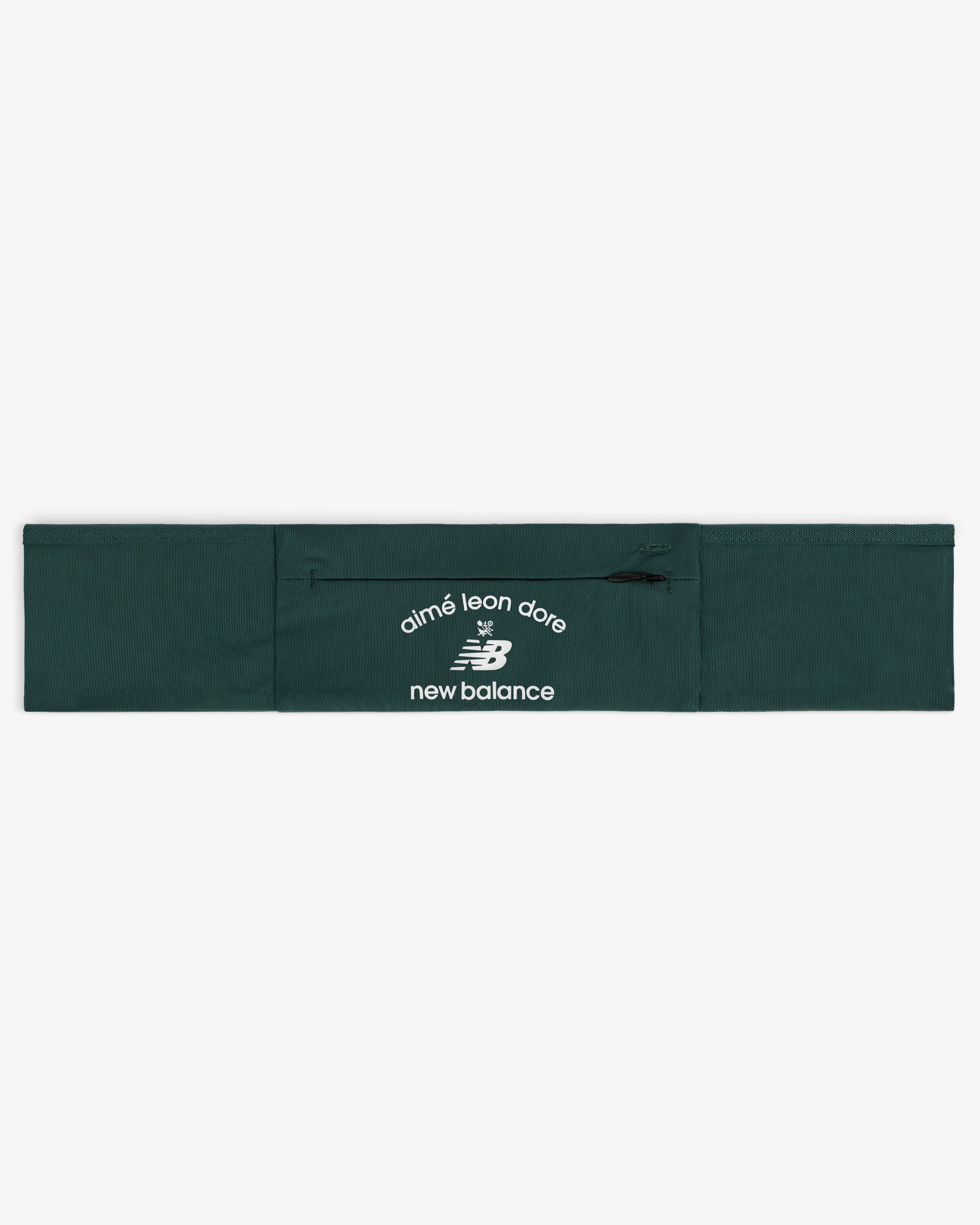 ALD / New Balance Performance Running Belt in dark green with white logos on the center zippered pocket.
