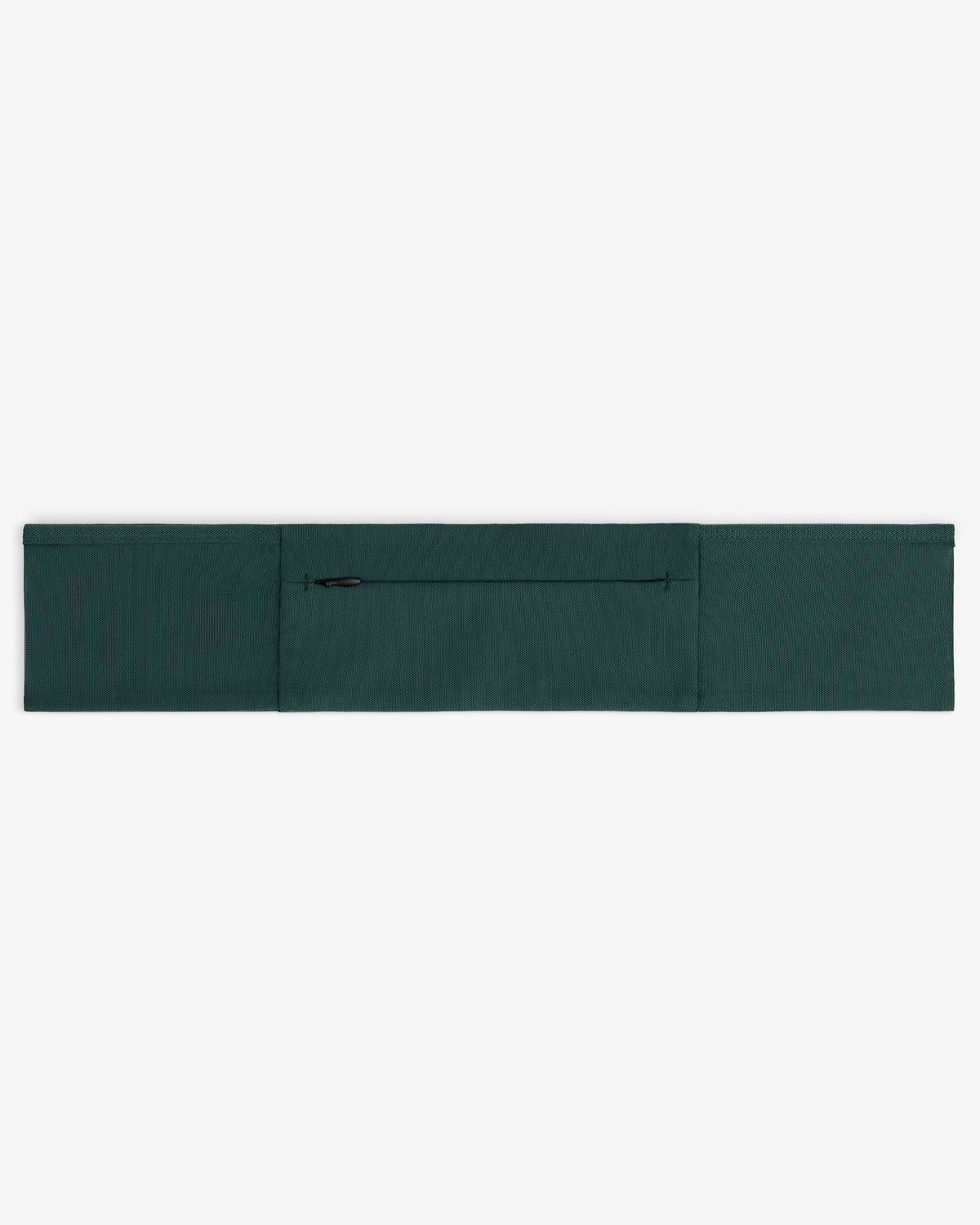The ALD / New Balance Performance Running Belt in dark green with a center zip pocket is shown laid flat on white.