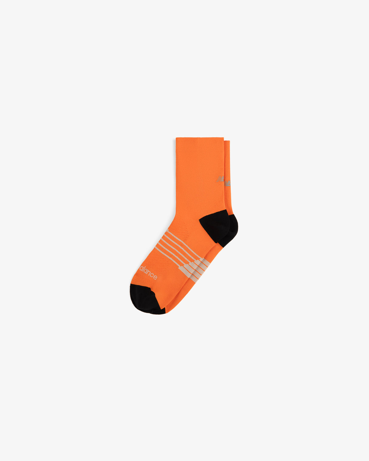 ALD / New Balance Running Crew Sock in bright orange with black toe and heel, white stripes, and small logo details.