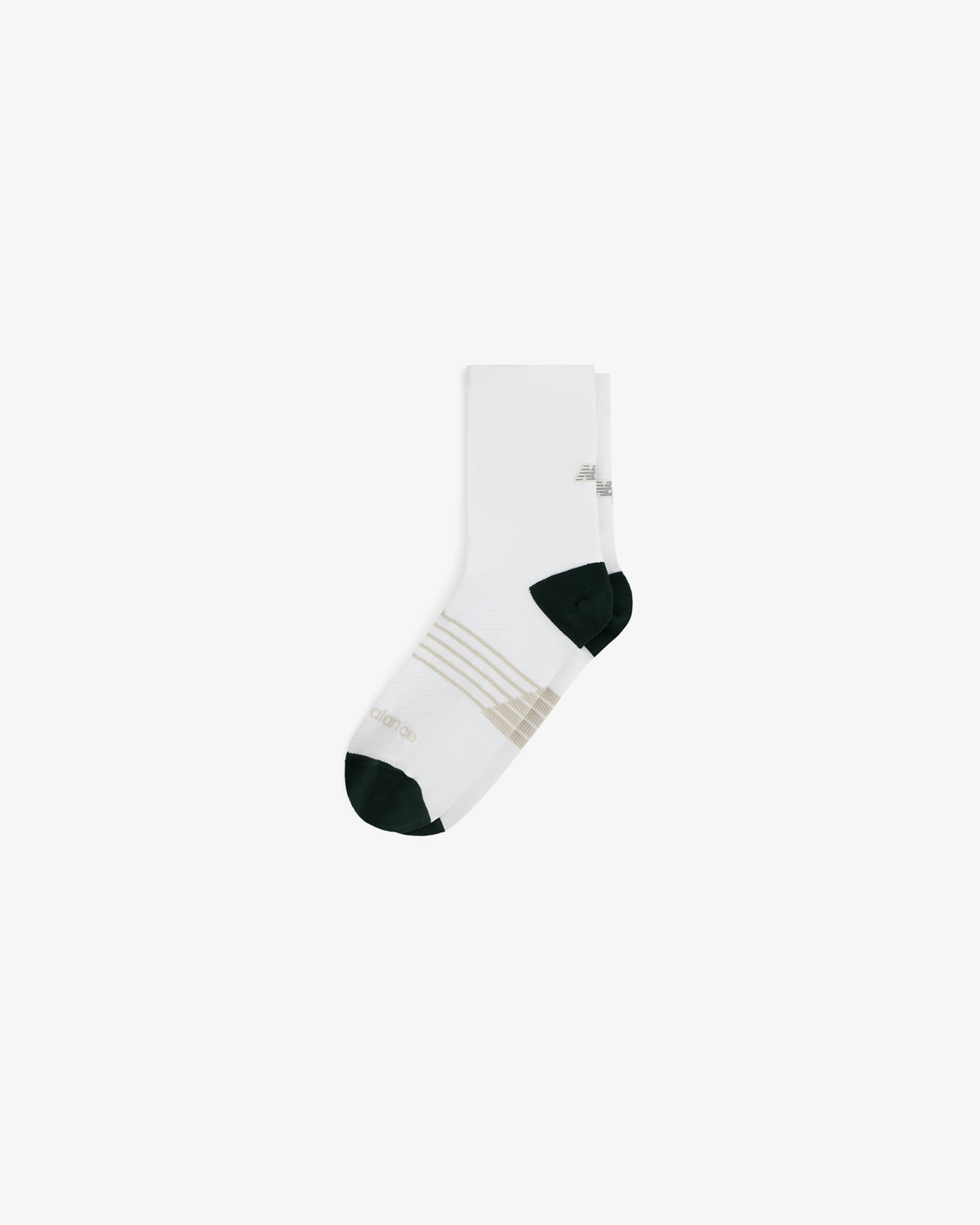 ALD / New Balance Running Crew Sock in white with dark green toe/heel, beige stripes, on plain white background.