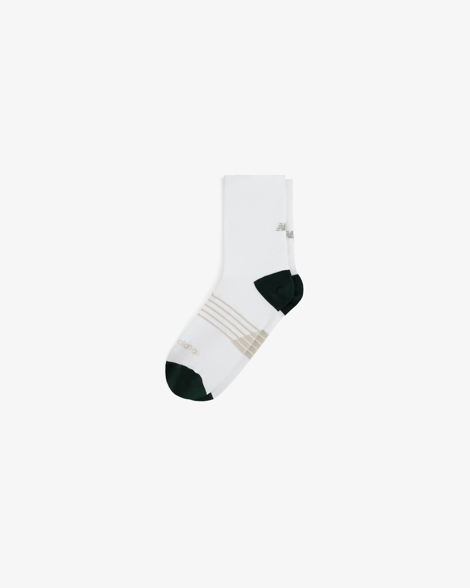 ALD / New Balance Running Crew Sock in white with dark green toe/heel, beige stripes, on plain white background.