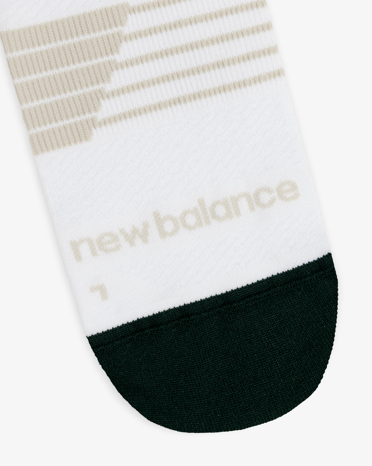 ALD / New Balance Running Crew Sock in white with beige stripes, black toe, and logo near the toe.