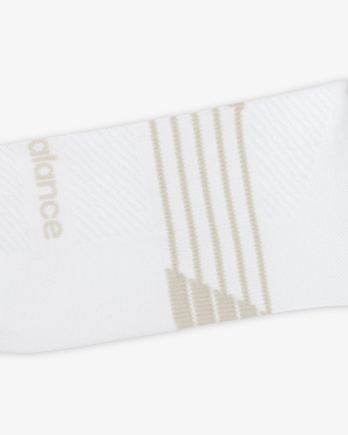 ALD / New Balance Running Crew Sock in white with light beige stripes and partial text on left, shown on white background.