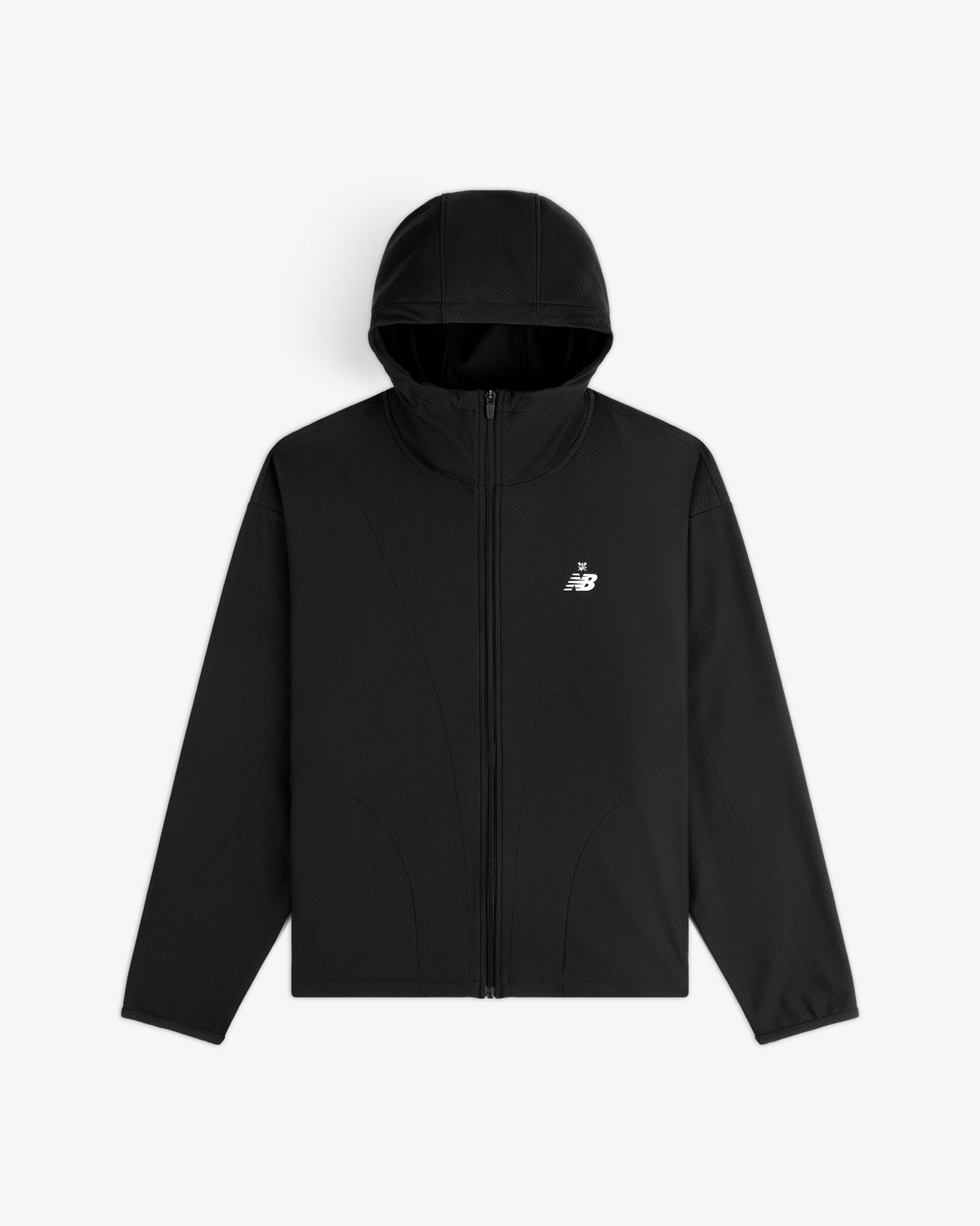 ALD / New Balance Full-Zip Warmup Hoodie in black with small white logo, shown on a plain white background.