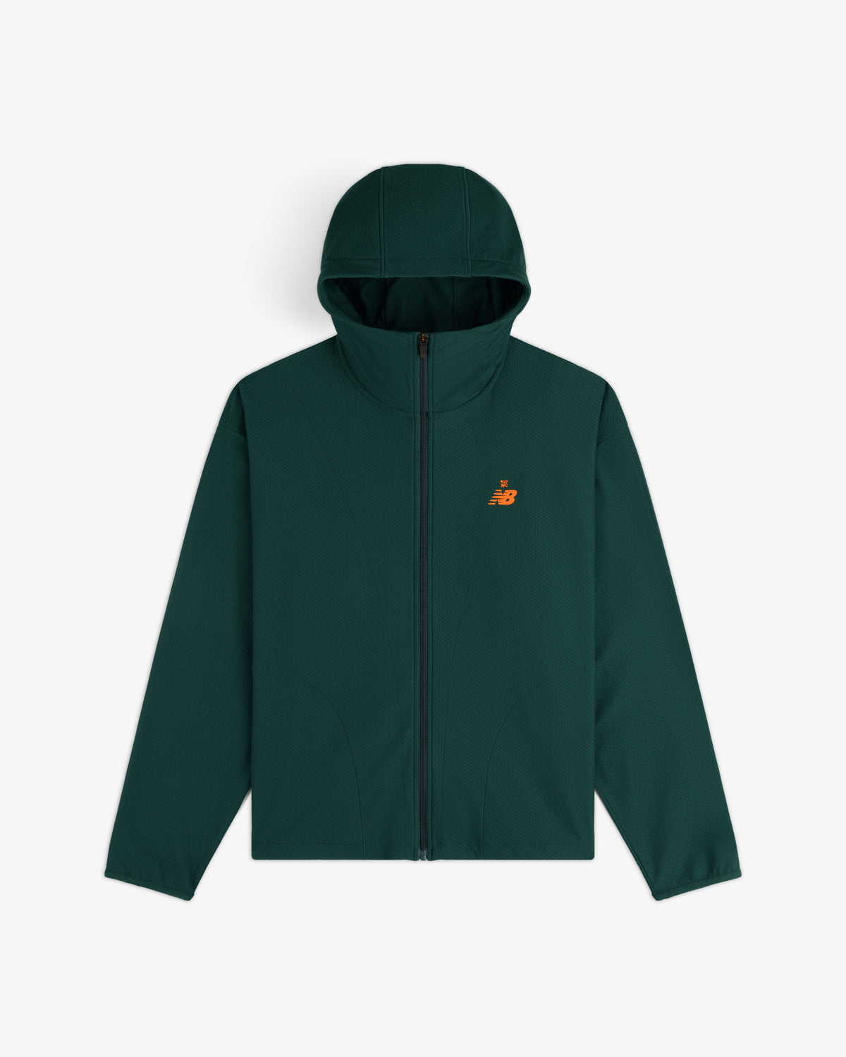 Dark green ALD / New Balance Full-Zip Warmup Hoodie with orange logo, laid flat on a white background.