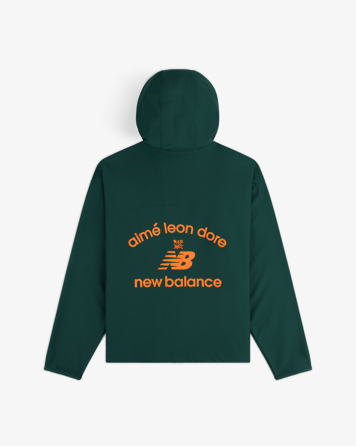 Dark green ALD / New Balance Full-Zip Warmup Hoodie with orange logo text on the back.