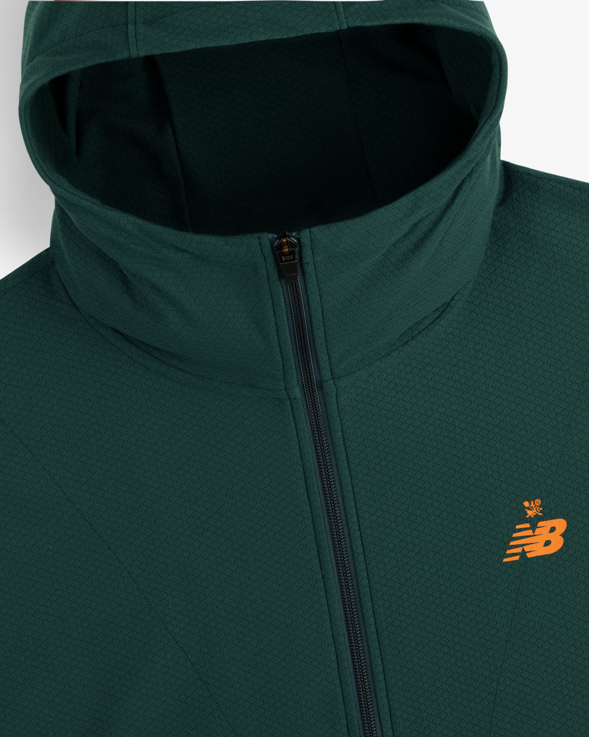 Dark green ALD / New Balance Full-Zip Warmup Hoodie with an orange logo, shown from the shoulders up.