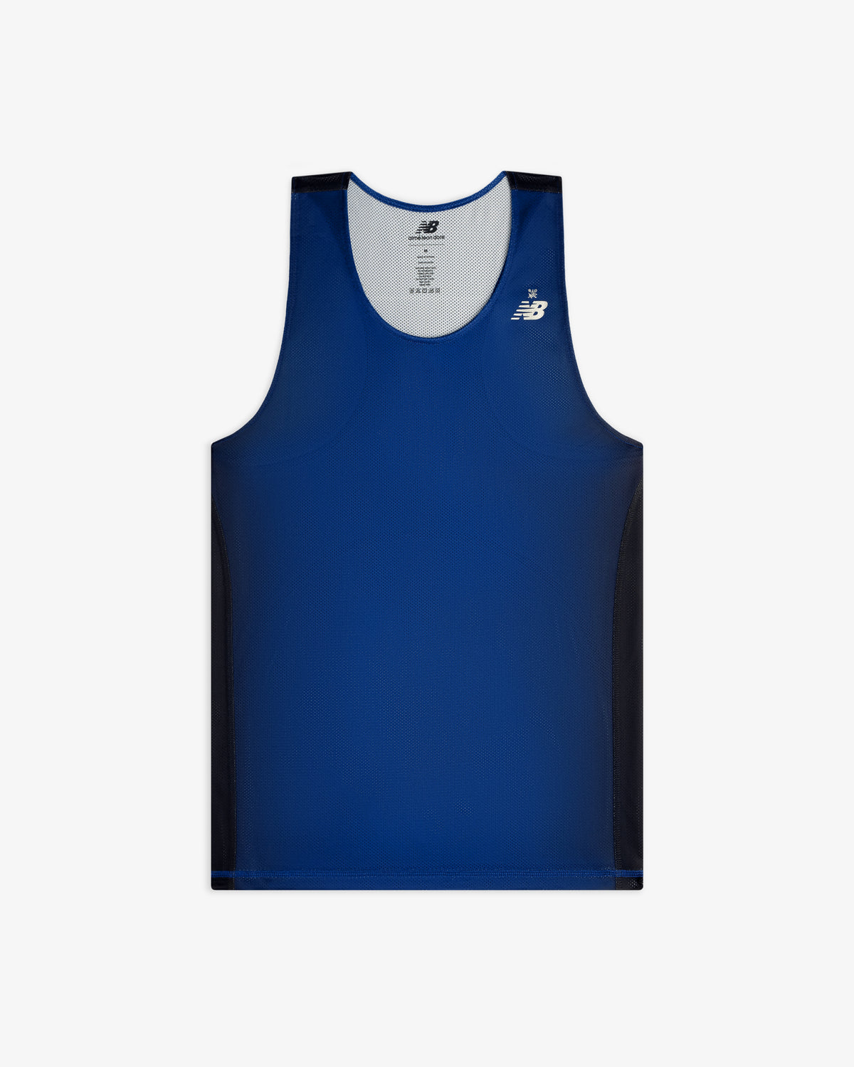ALD / New Balance Running Gradient Singlet, blue with black side panels and logo on chest, shown on white background.
