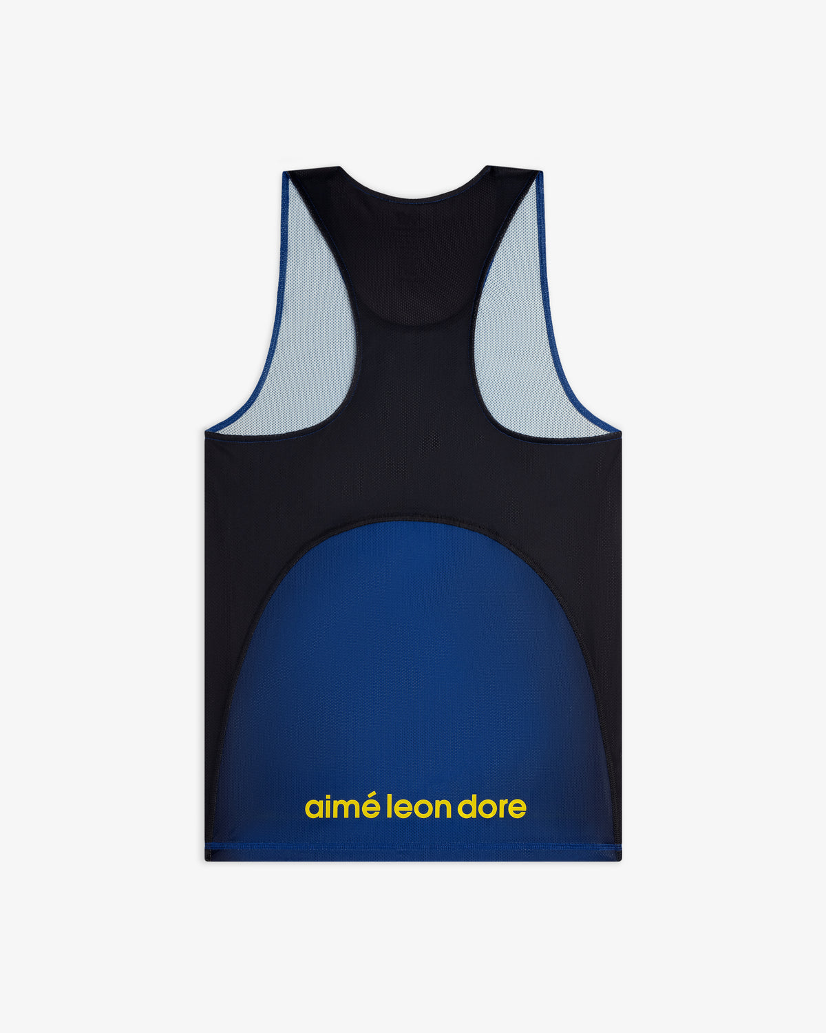 Blue and black ALD / New Balance Running Gradient Singlet with yellow aimé leon dore text on the lower back.