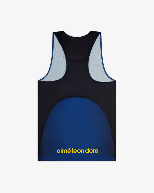Blue and black ALD / New Balance Running Gradient Singlet with yellow aimé leon dore text on the lower back.